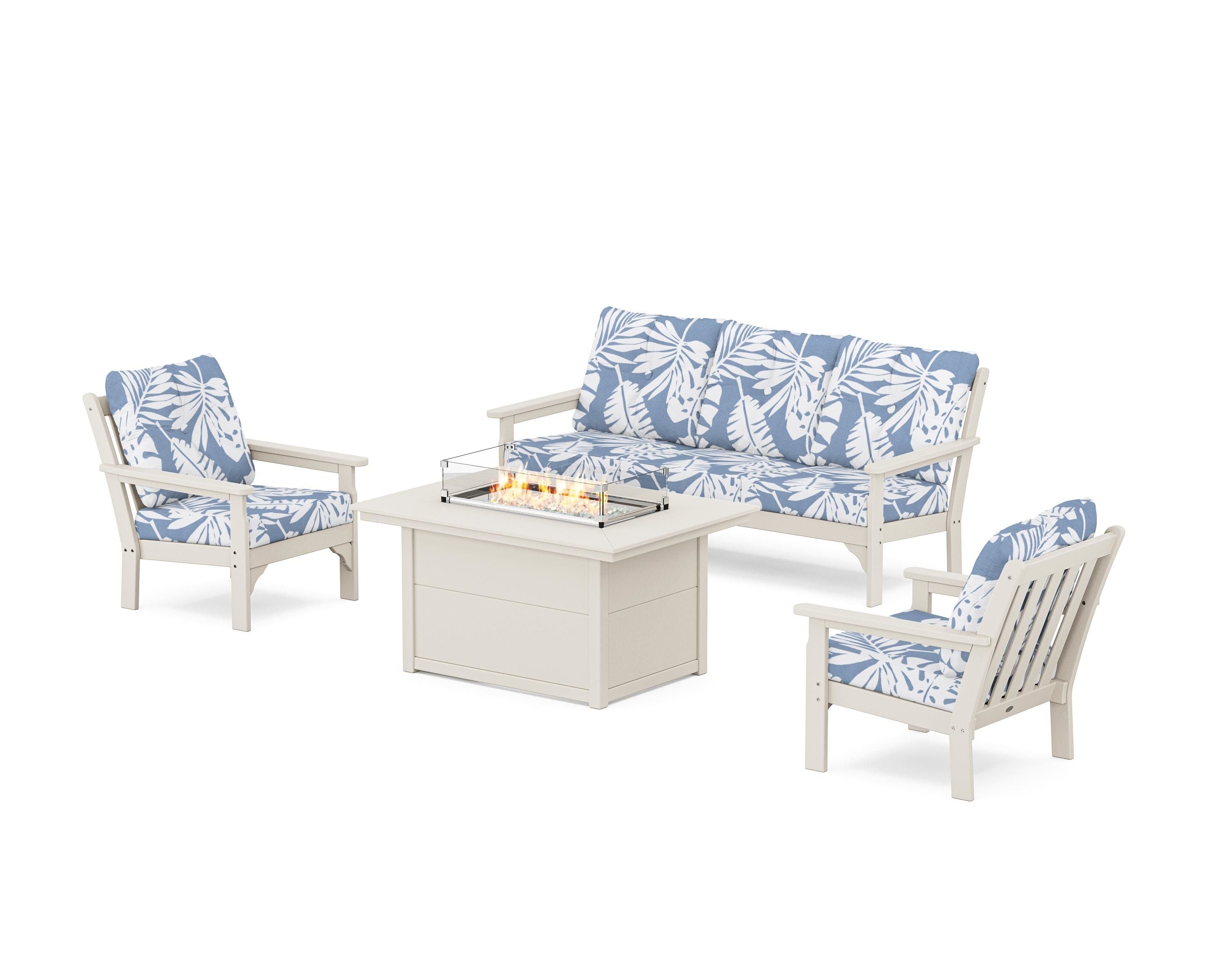 POLYWOOD® Vineyard Deep Seating Fire Pit Table Set in Sand / Leaf Sky Blue