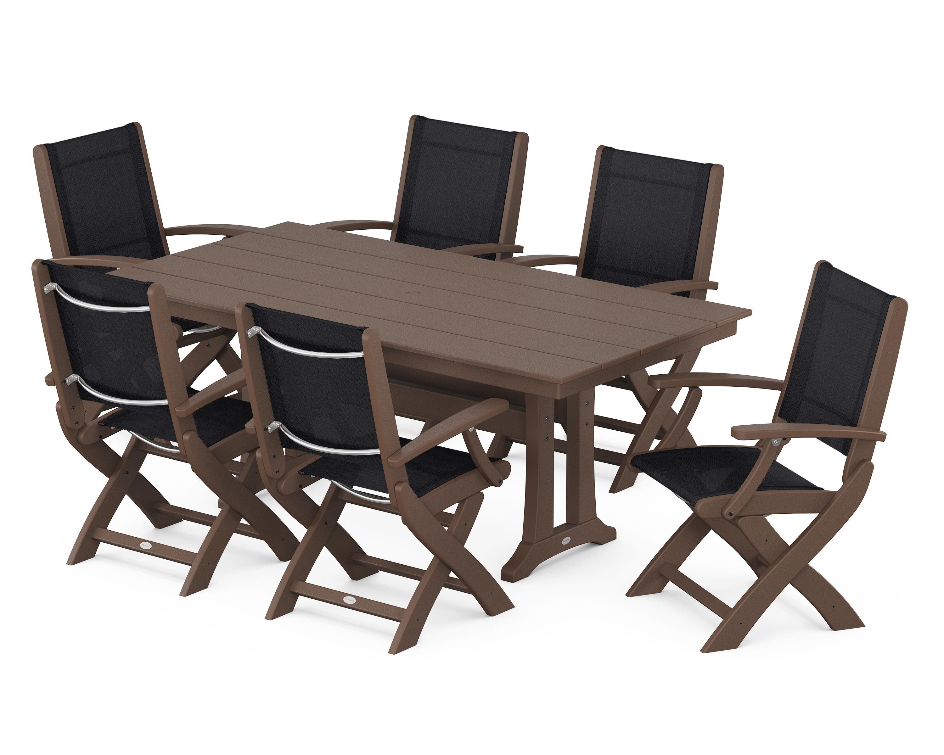 POLYWOOD® Coastal Folding Arm Chair 7-Piece Farmhouse Dining Set with Trestle Legs in Mahogany / Black Sling