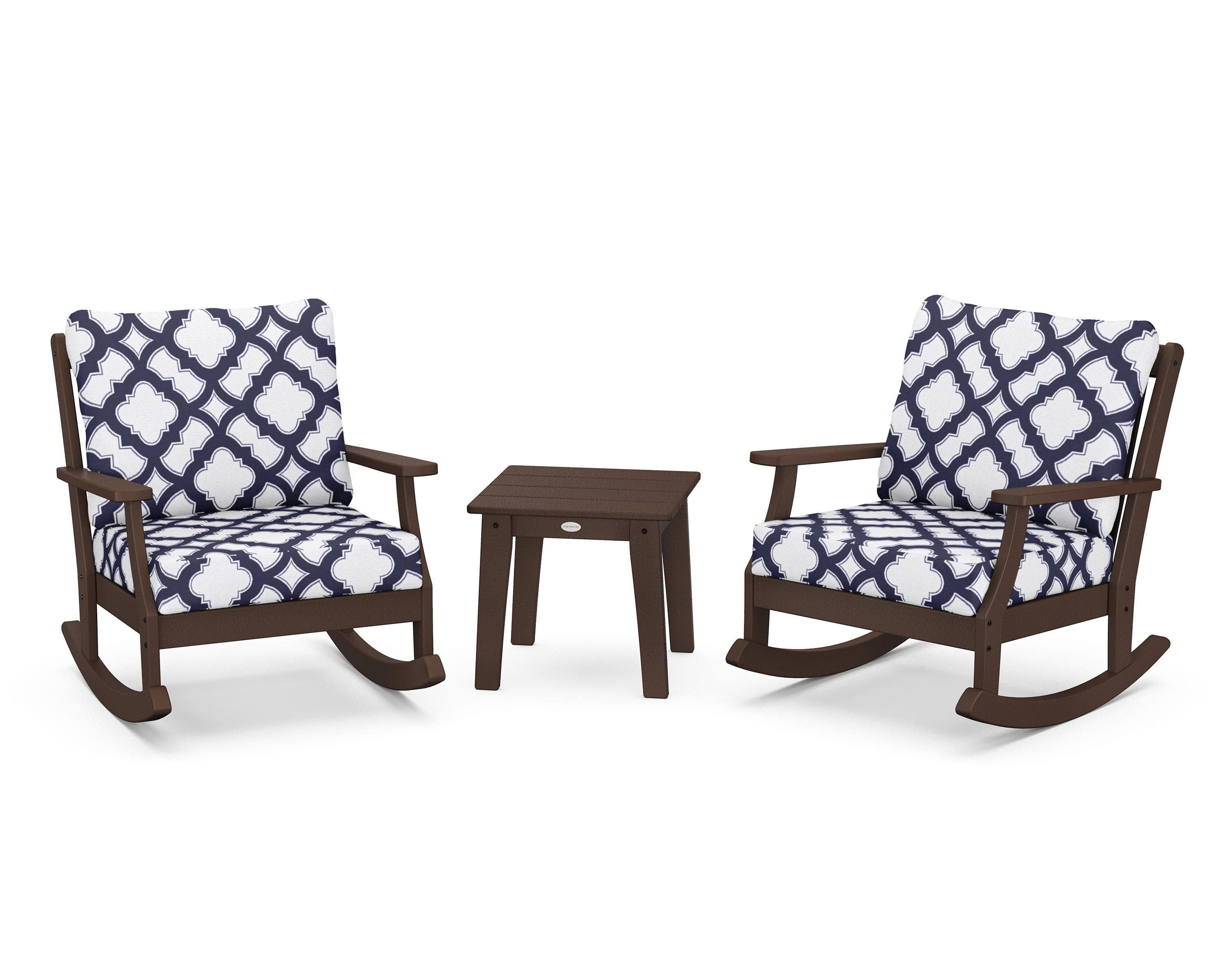 POLYWOOD® Braxton 3-Piece Deep Seating Rocker Set in Mahogany / Trellis Navy