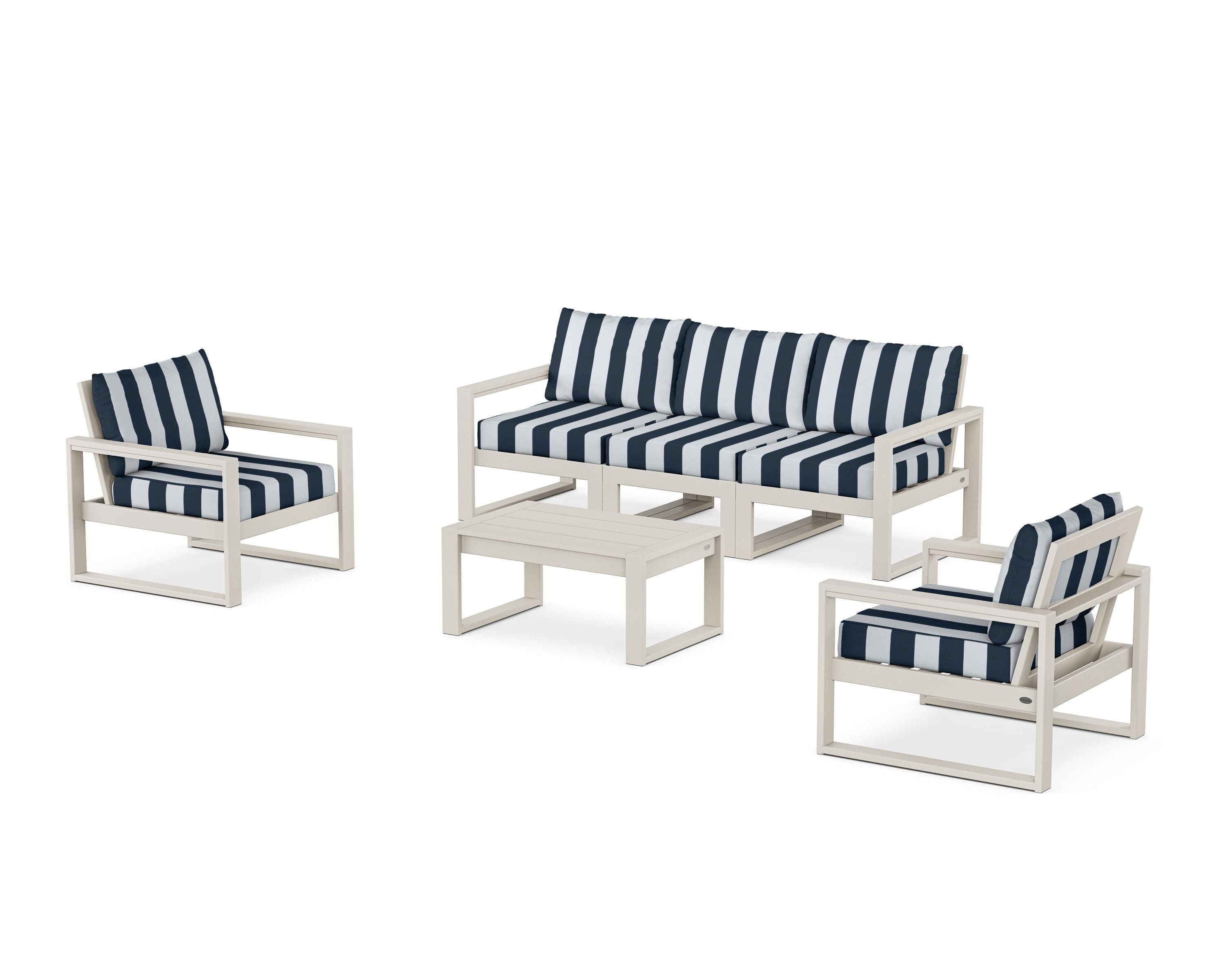 POLYWOOD® EDGE Sectional 4-Piece Deep Seating Set with Sofa in Sand / Cabana Stripe Marine Indigo