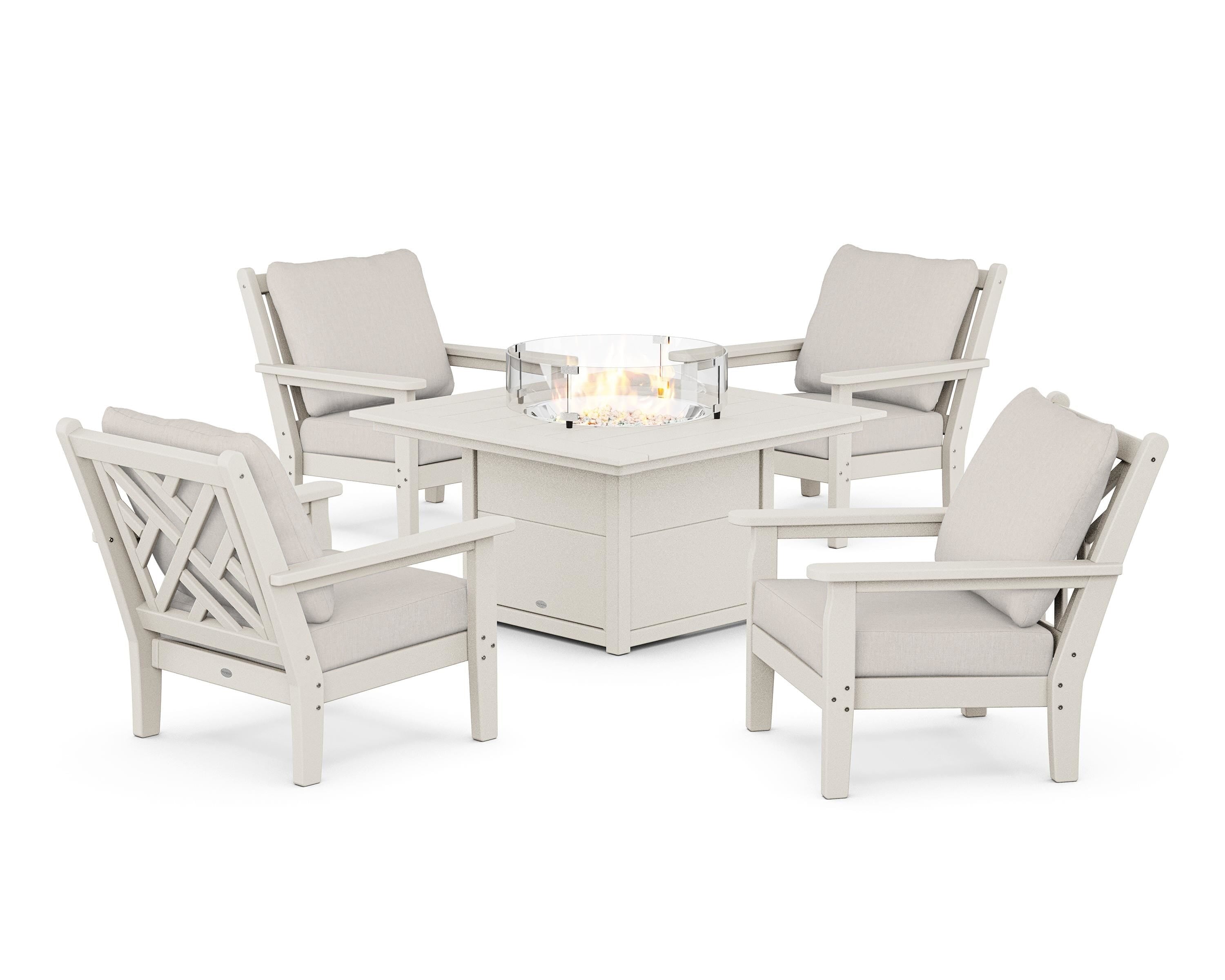 POLYWOOD® Chippendale 5-Piece Deep Seating Set with Fire Pit Table in Sand / Cast Ash