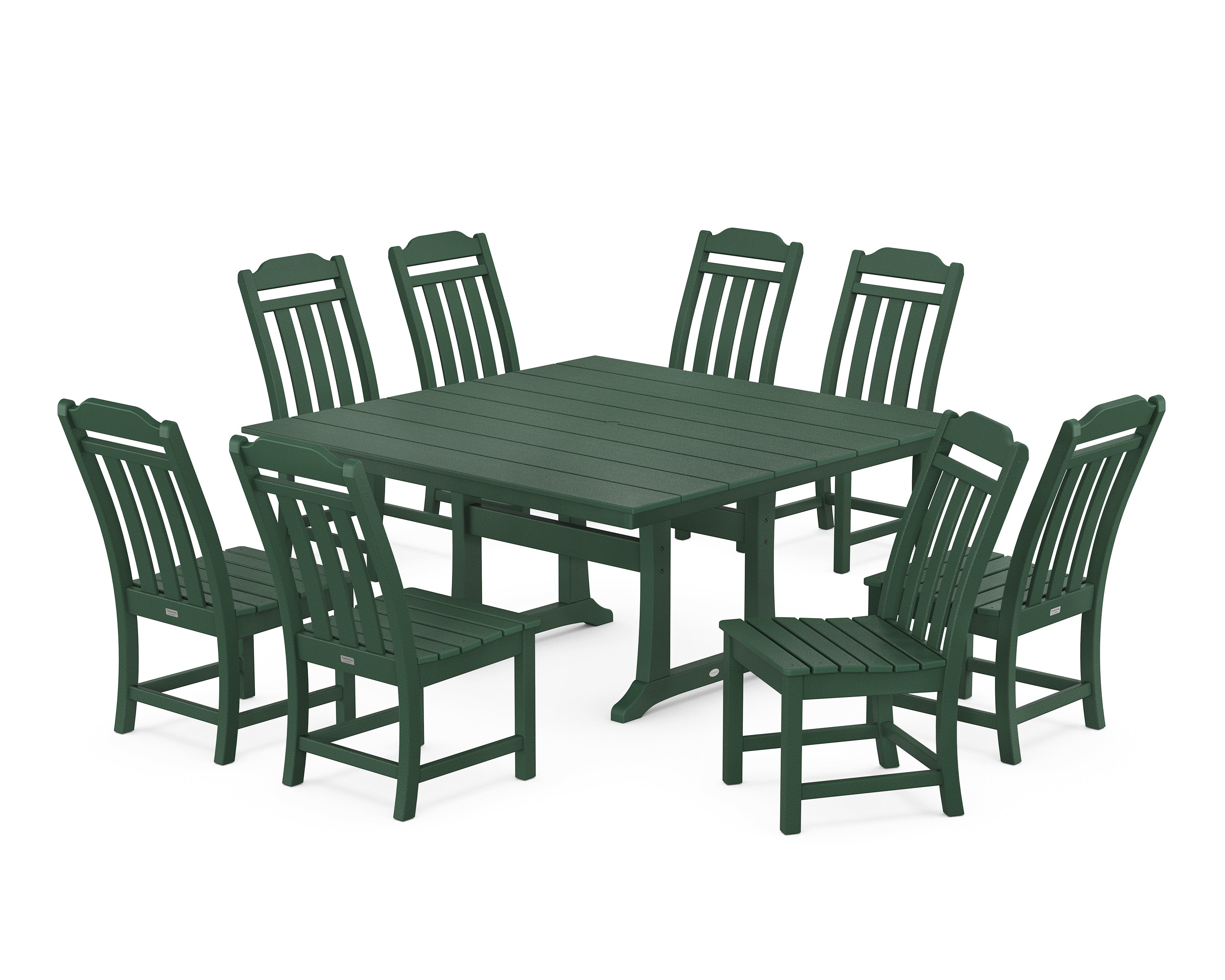 Country Living Cottage 9-Piece Square Farmhouse Side Chair Dining Set with Trestle Legs in Green