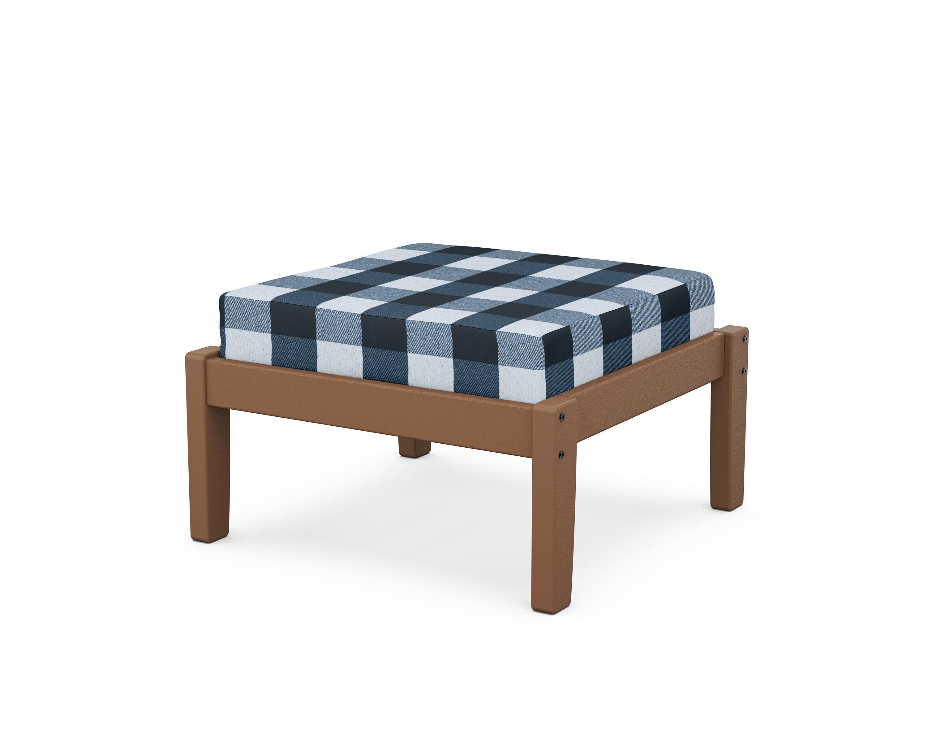 Unbranded Deep Seating Ottoman in Teak / Buffalo Plaid Marine Indigo