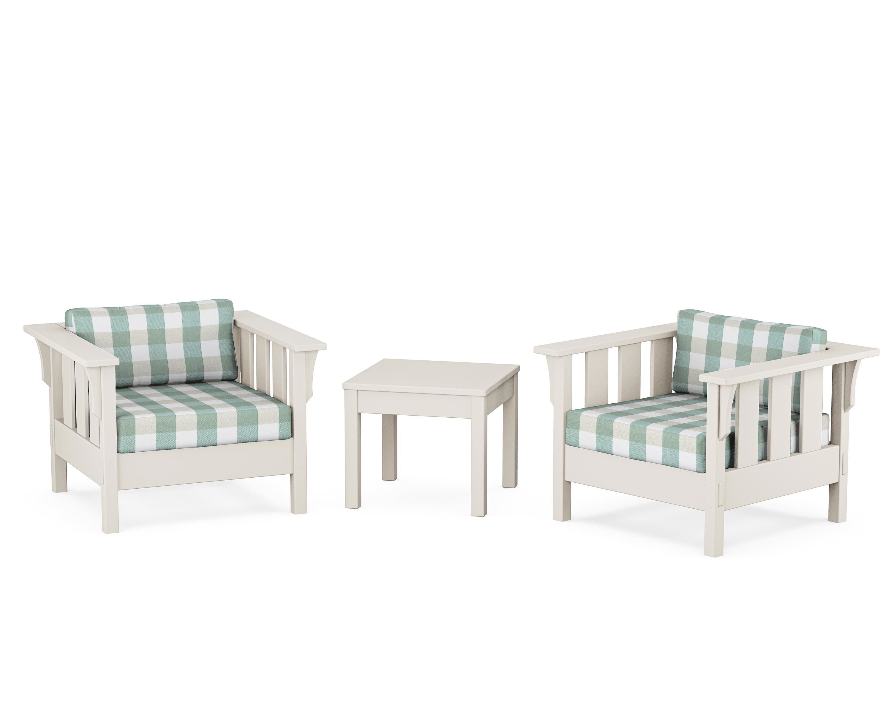 Martha Stewart by POLYWOOD® Acadia 3-Piece Deep Seating Set in Sand / Buffalo Plaid Glacier Spa