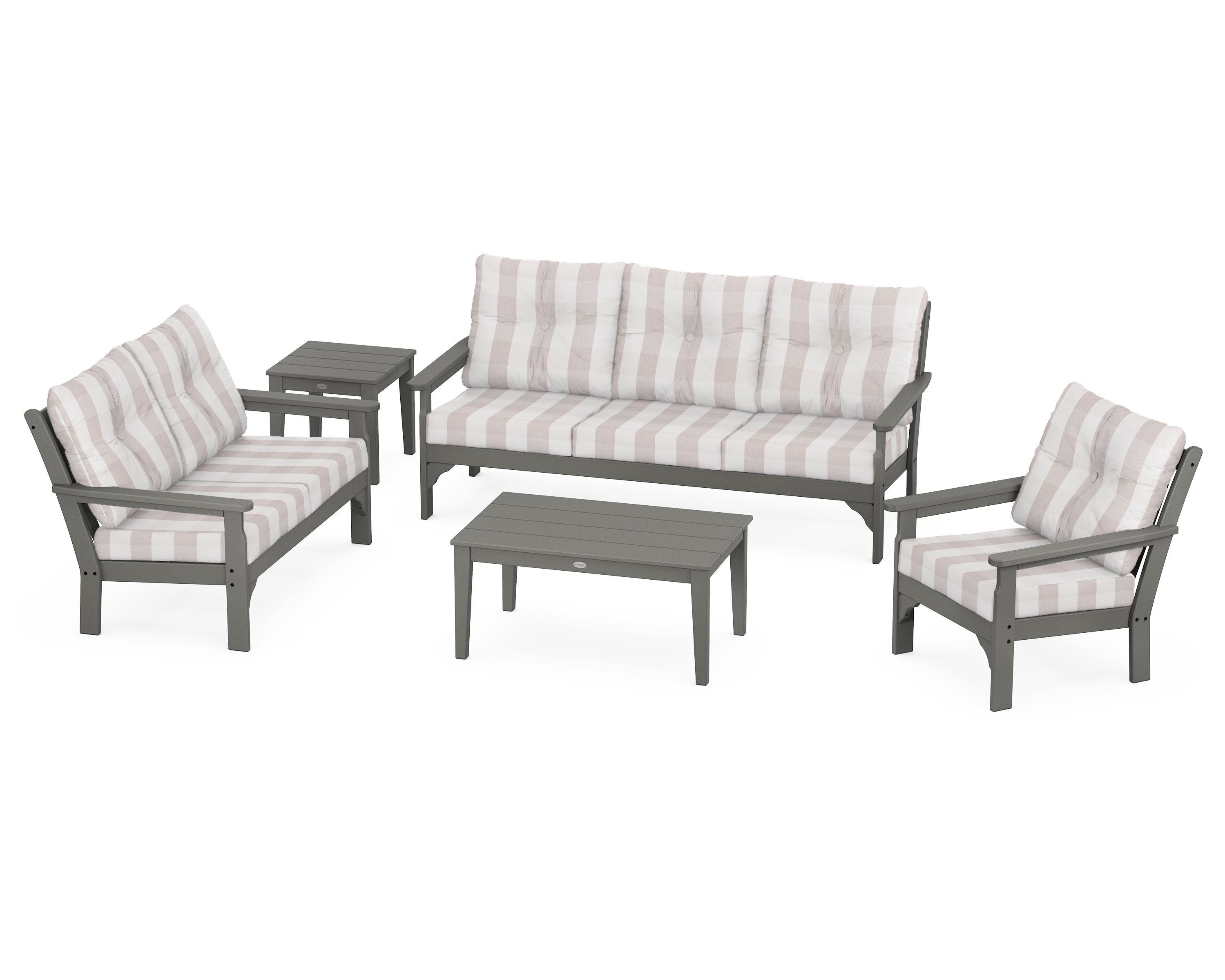 POLYWOOD® Vineyard 5 Piece Deep Seating Set in Slate Grey / Buffalo Plaid Dune Burlap