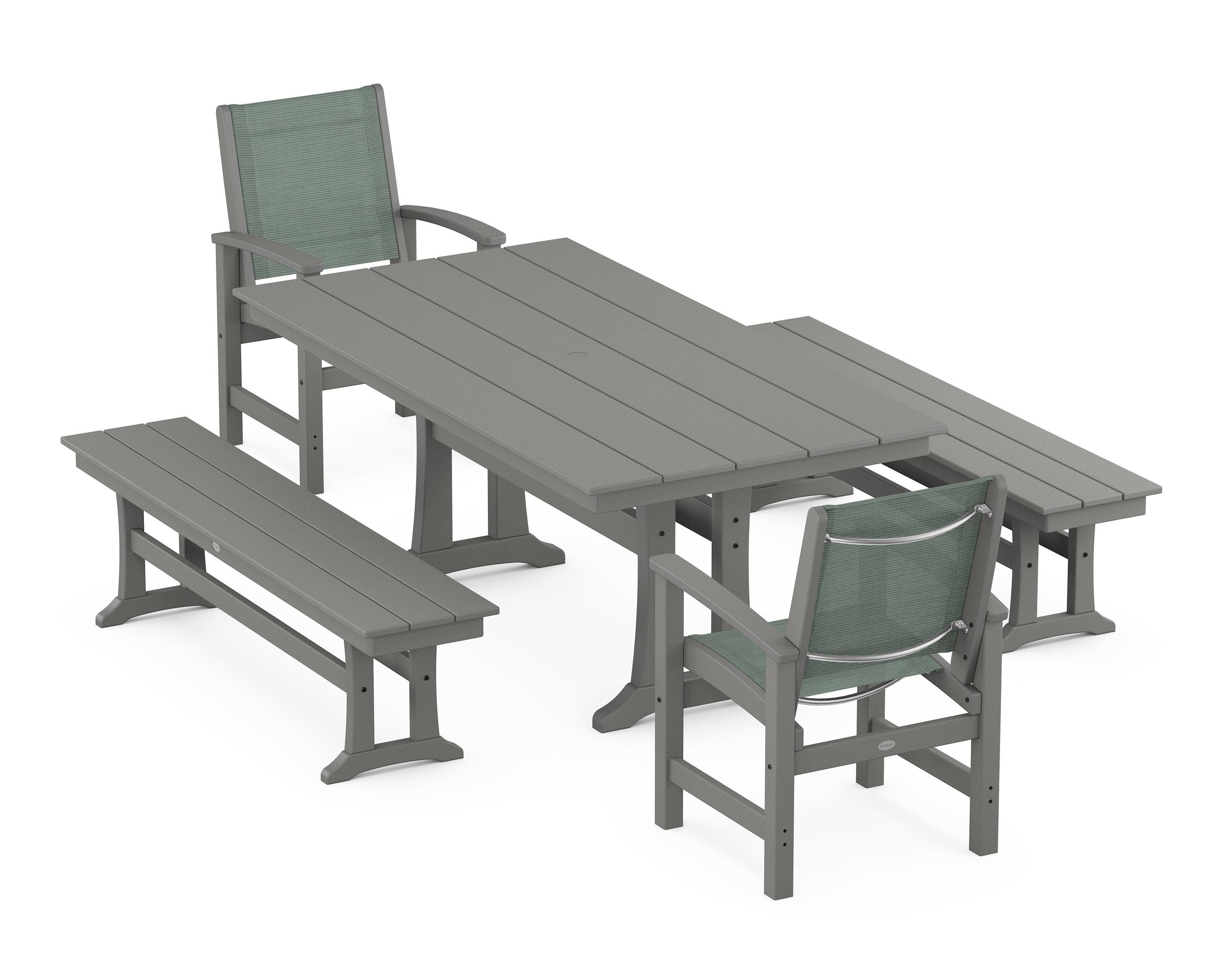 POLYWOOD® Coastal 5-Piece Farmhouse Dining Set with Trestle Legs and Benches in Slate Grey / Dupioni Sea Mist Sling