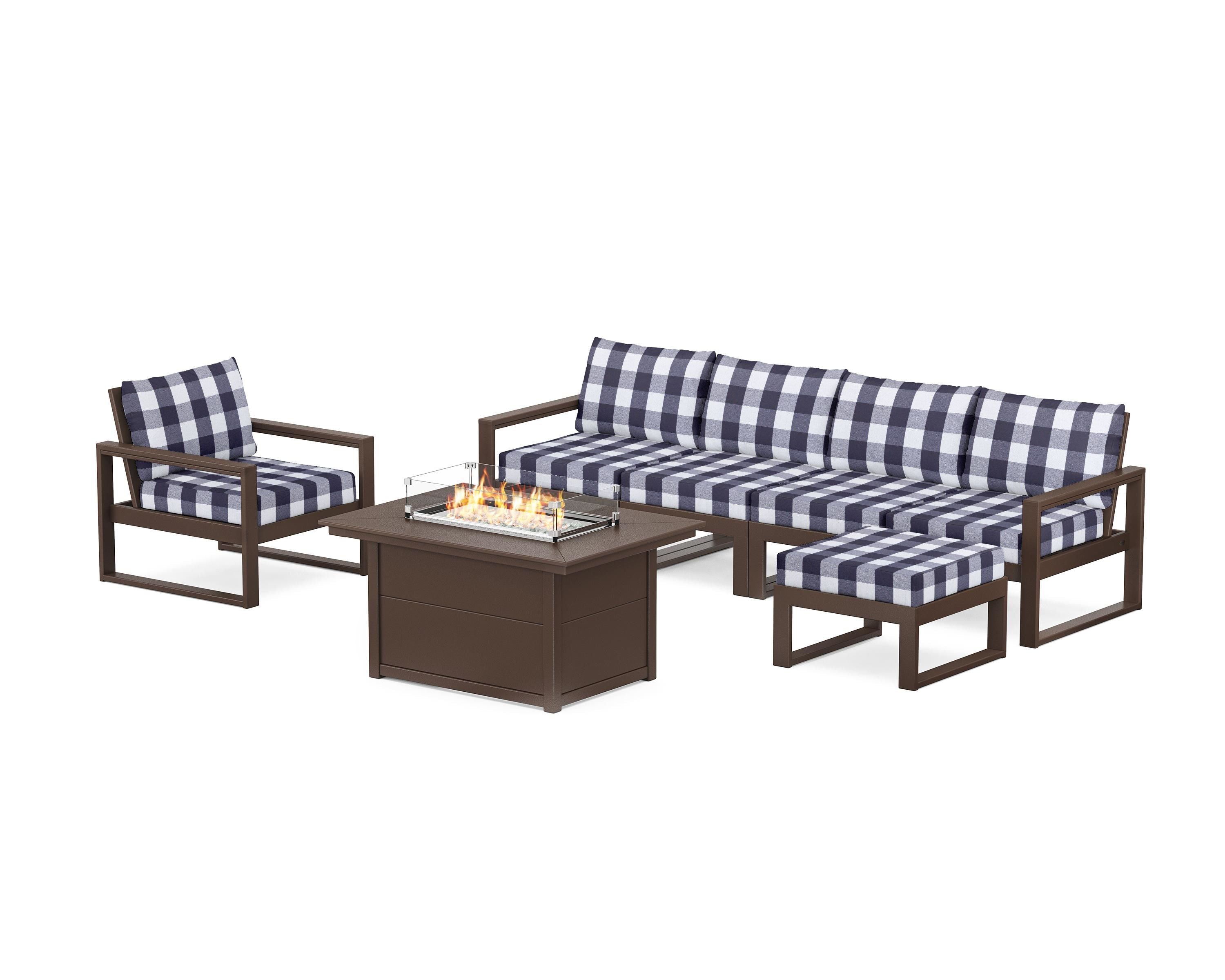 POLYWOOD® EDGE Sectional Lounge and Fire Pit Set in Mahogany / Buffalo Plaid Navy