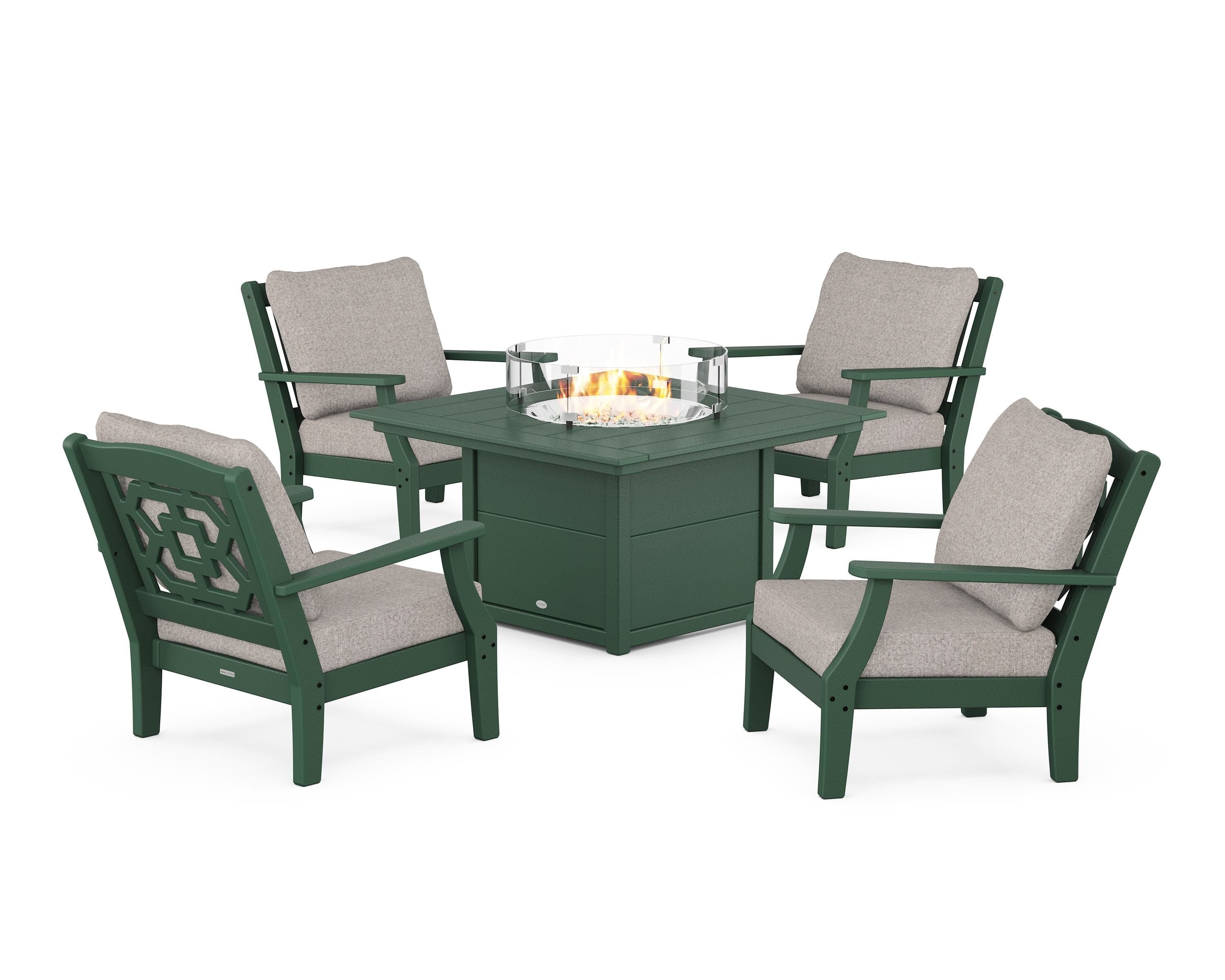 Martha Stewart by POLYWOOD® Chinoiserie 5-Piece Deep Seating Set with Fire Pit Table in Green / Weathered Tweed