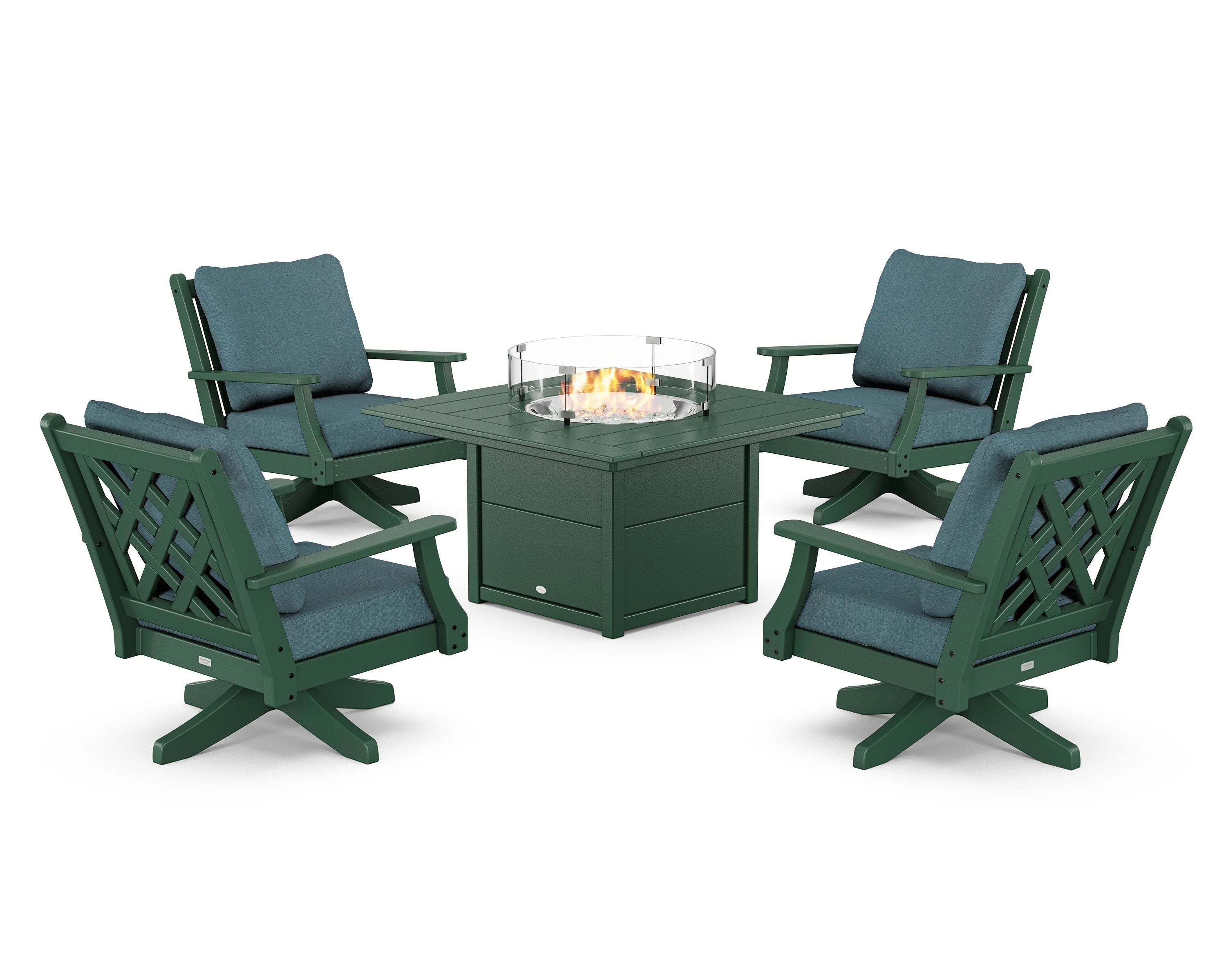 Country Living Wovendale 5-Piece Deep Seating Swivel Conversation Set with Fire Pit Table in Green / Ocean Teal