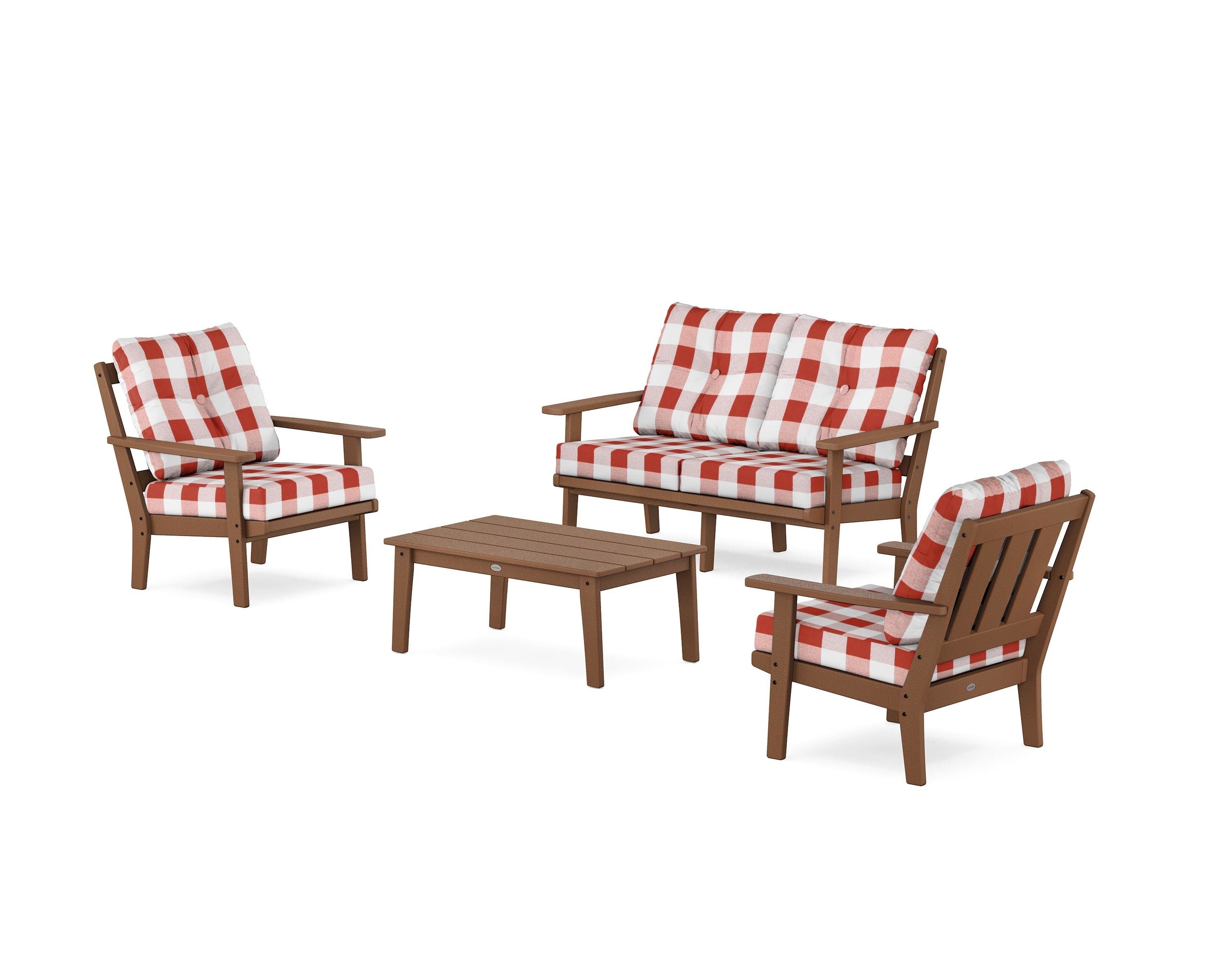 POLYWOOD® Oxford 4-Piece Deep Seating Set with Loveseat in Teak / Buffalo Plaid Crimson