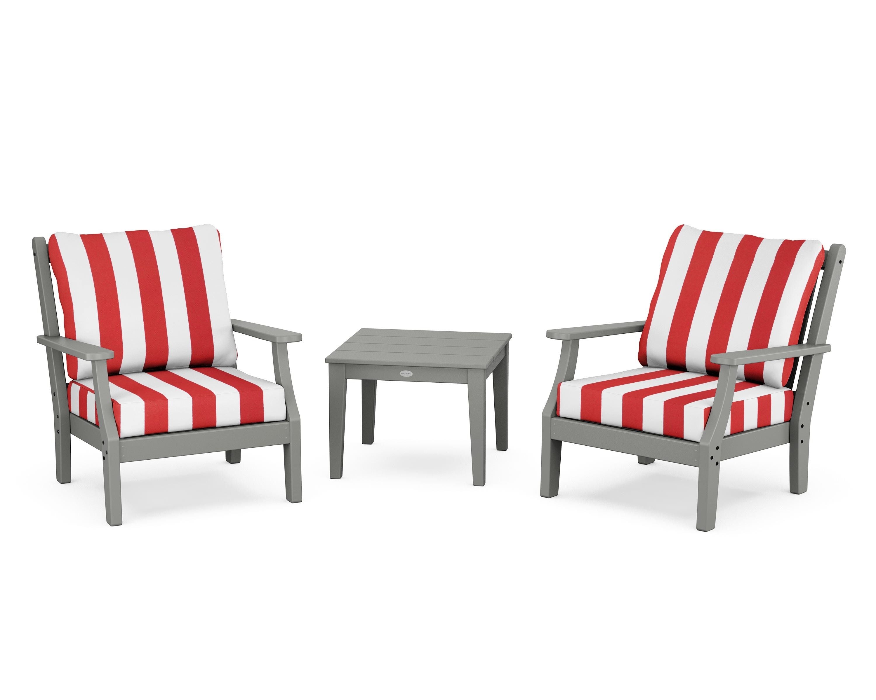 Country Living Wovendale 3-Piece Deep Seating Set in Slate Grey / Cabana Stripe Crimson