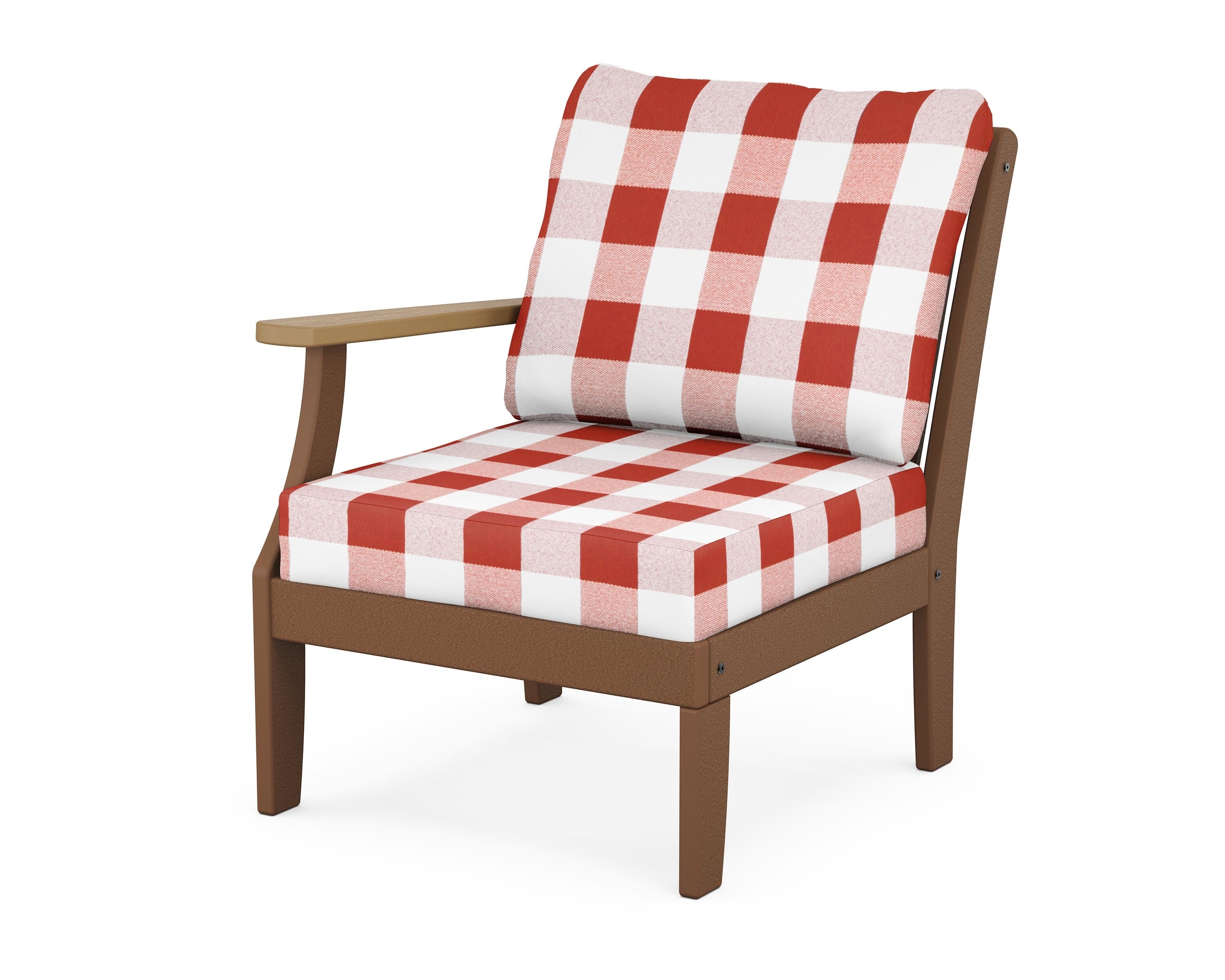 POLYWOOD® Braxton Modular Left Arm Chair in Teak / Natural / Buffalo Plaid Crimson