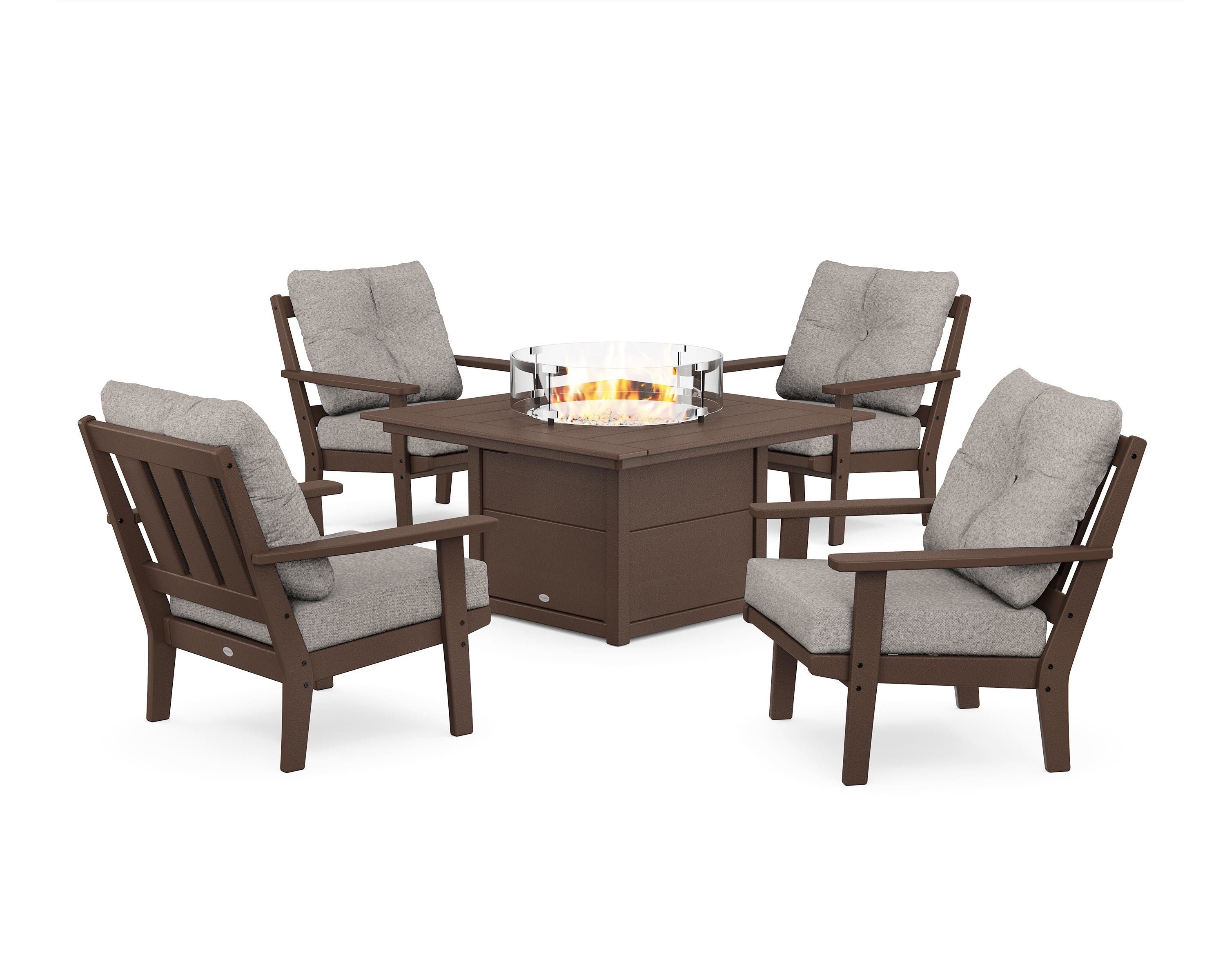 POLYWOOD® Oxford 5-Piece Deep Seating Set with Fire Pit Table in Mahogany / Weathered Tweed