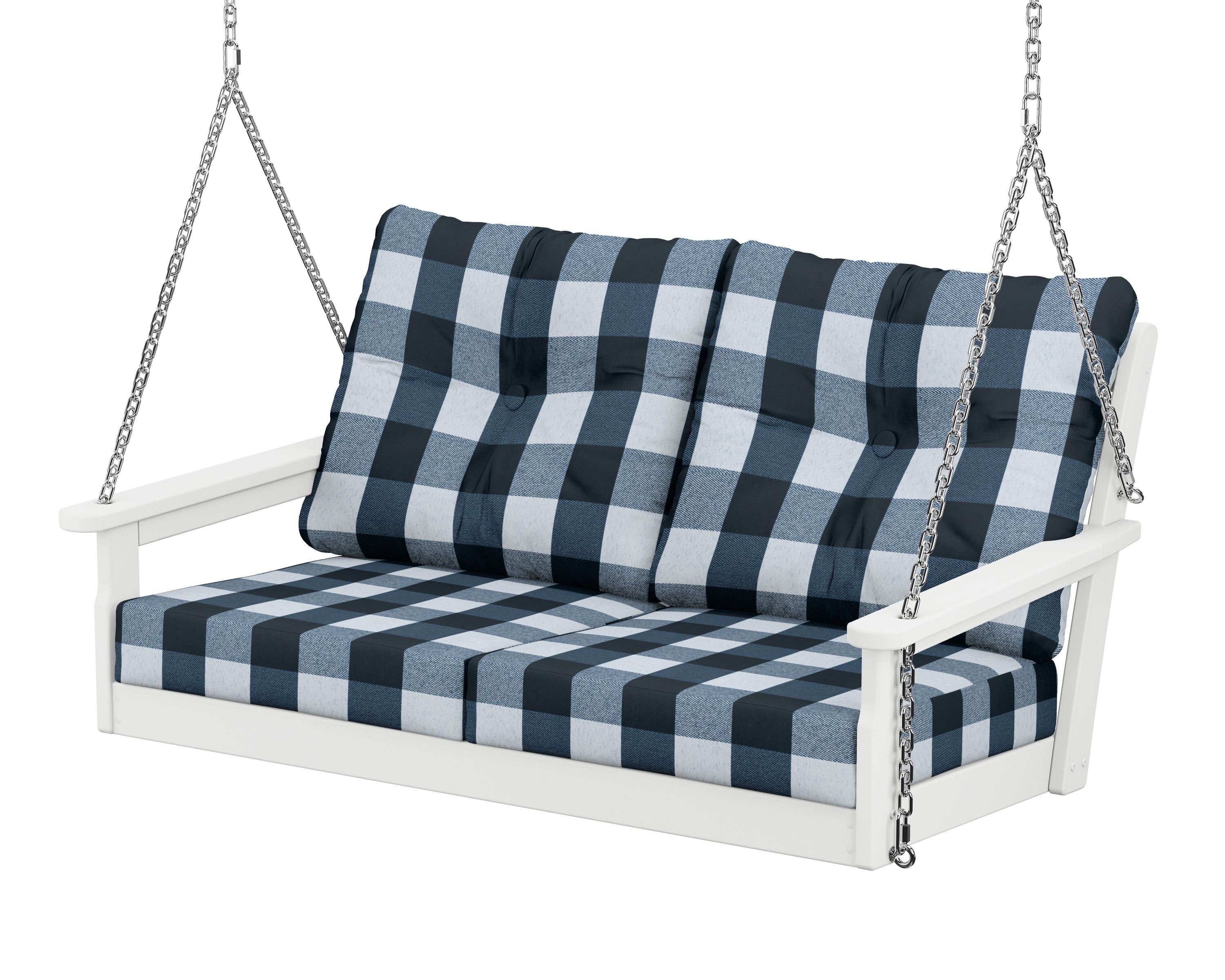 POLYWOOD® Vineyard Deep Seating Swing in White / Buffalo Plaid Marine Indigo