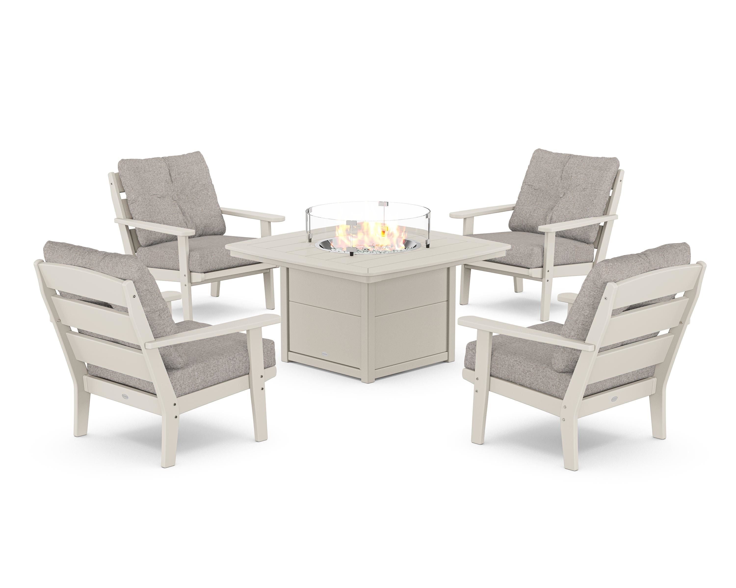 POLYWOOD® Lakeside 5-Piece Deep Seating Set with Nautical Fire Pit Table in Sand / Weathered Tweed