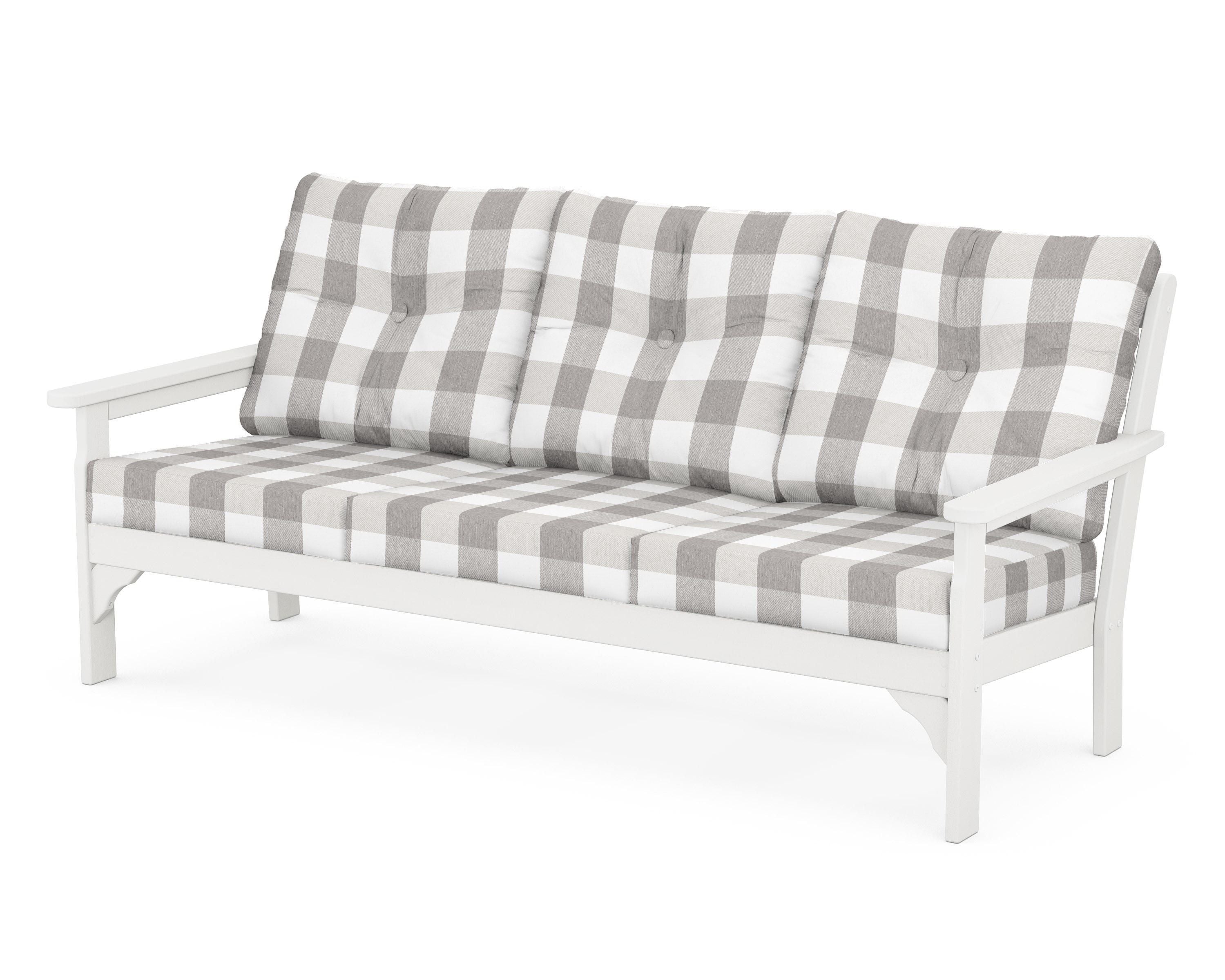 POLYWOOD® Vineyard Deep Seating Sofa in Vintage White / Buffalo Plaid Grey Mist