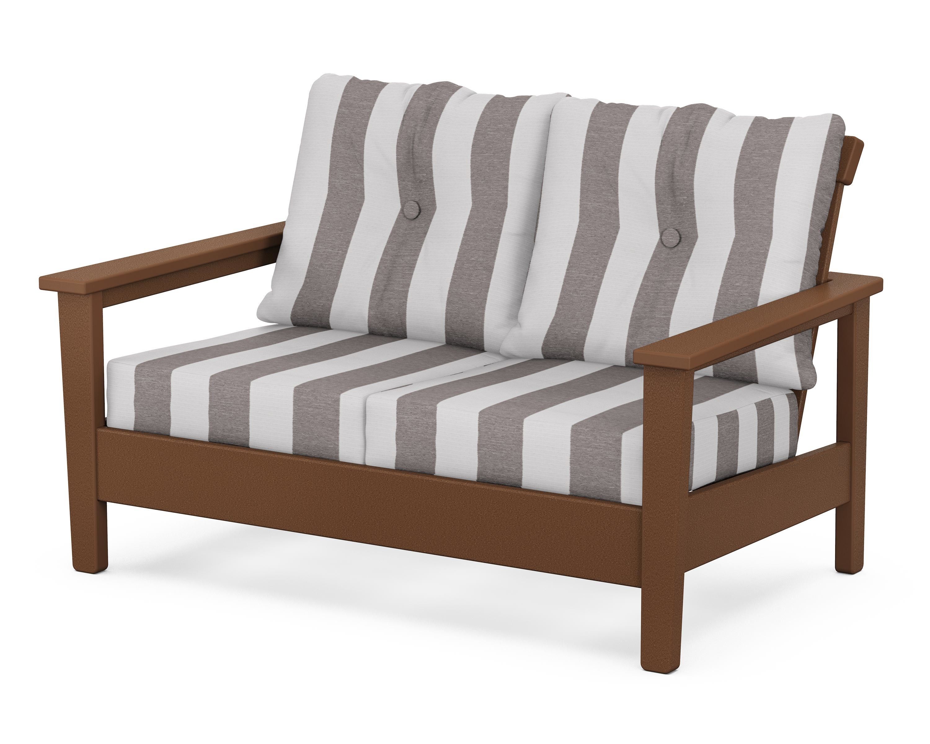 POLYWOOD® Prescott Deep Seating Loveseat in Teak / Cabana Stripe Grey Mist