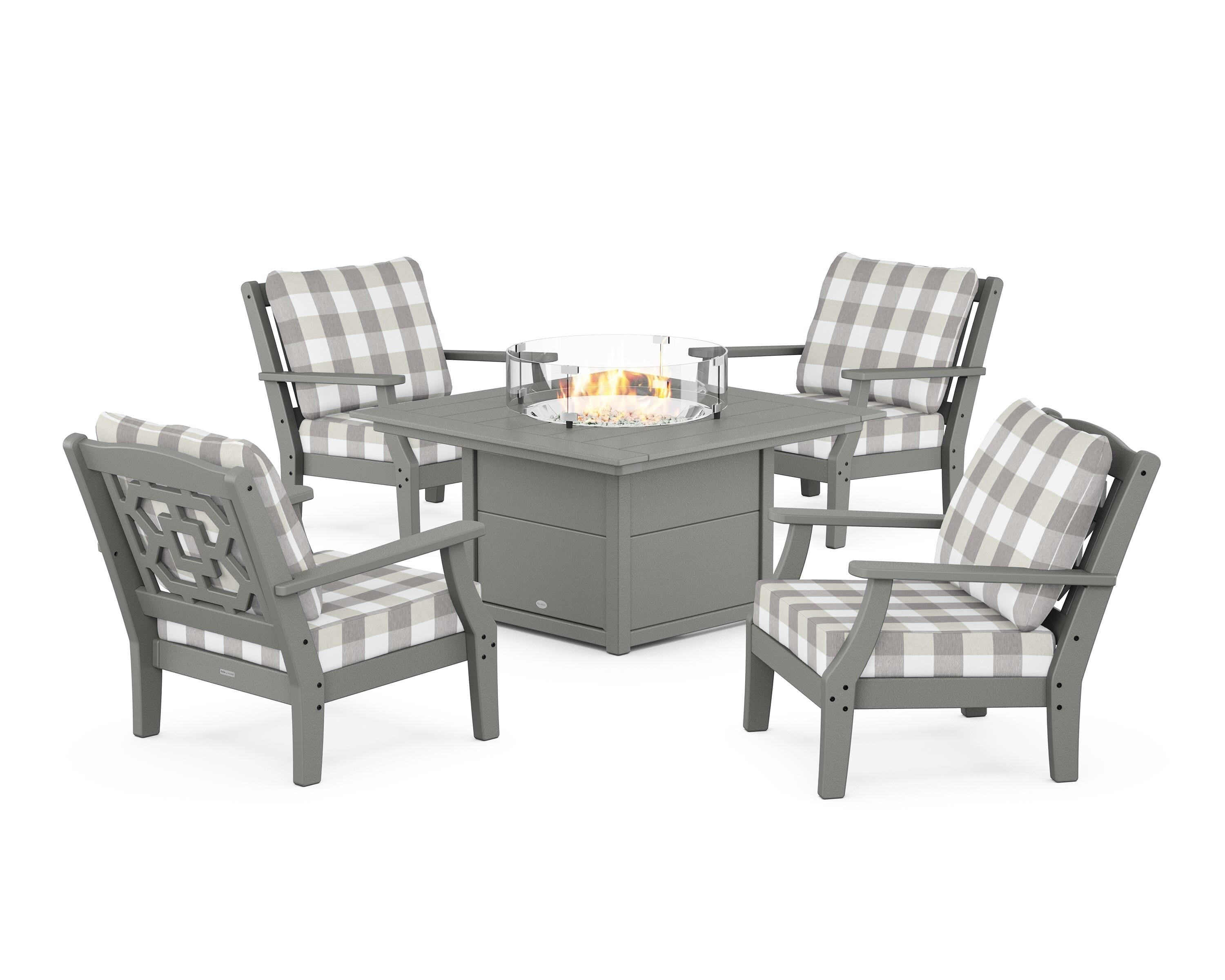 Martha Stewart by POLYWOOD® Chinoiserie 5-Piece Deep Seating Set with Fire Pit Table in Slate Grey / Buffalo Plaid Grey Mist