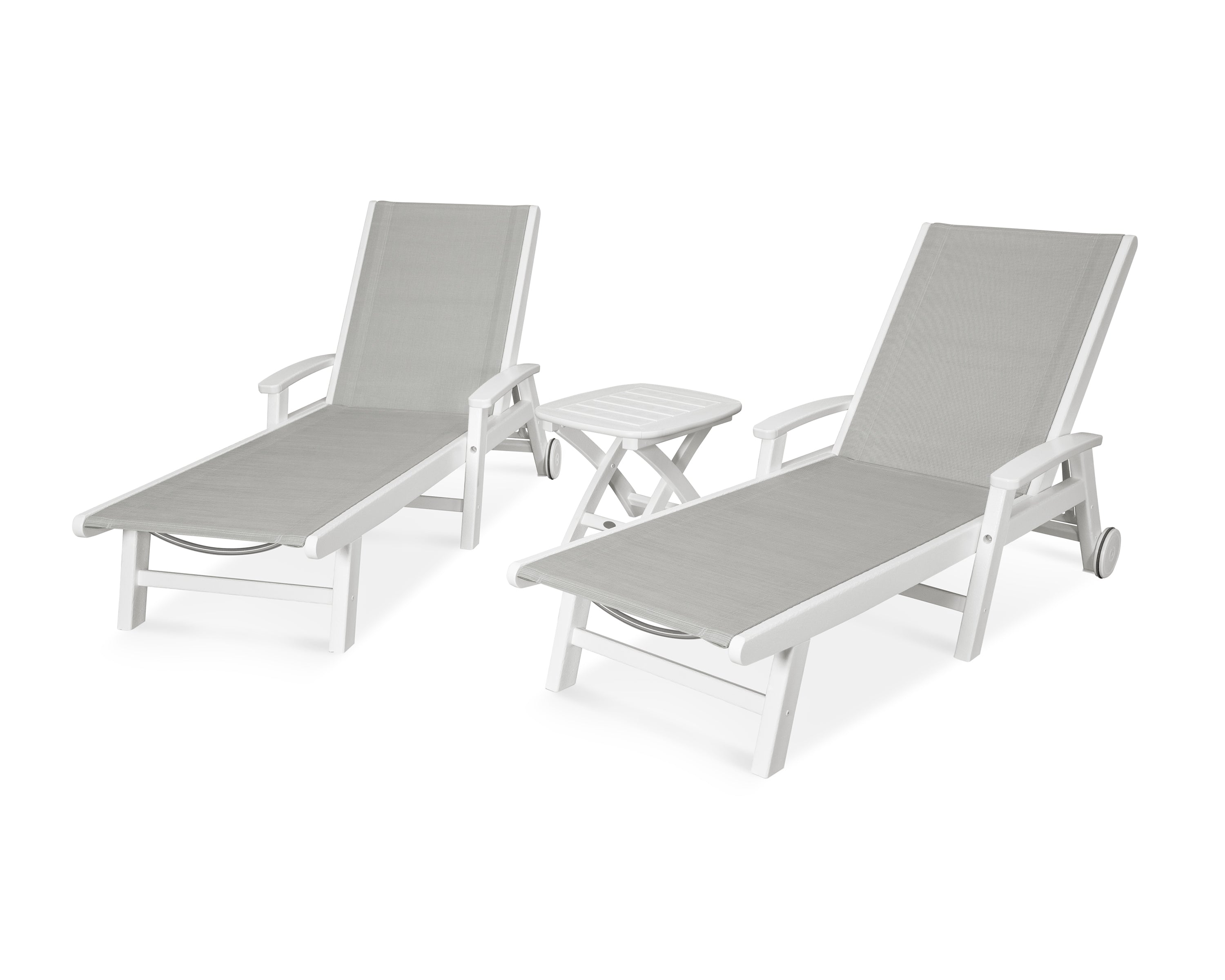 POLYWOOD® Coastal 3-Piece Wheeled Chaise Set in White / Metallic Sling