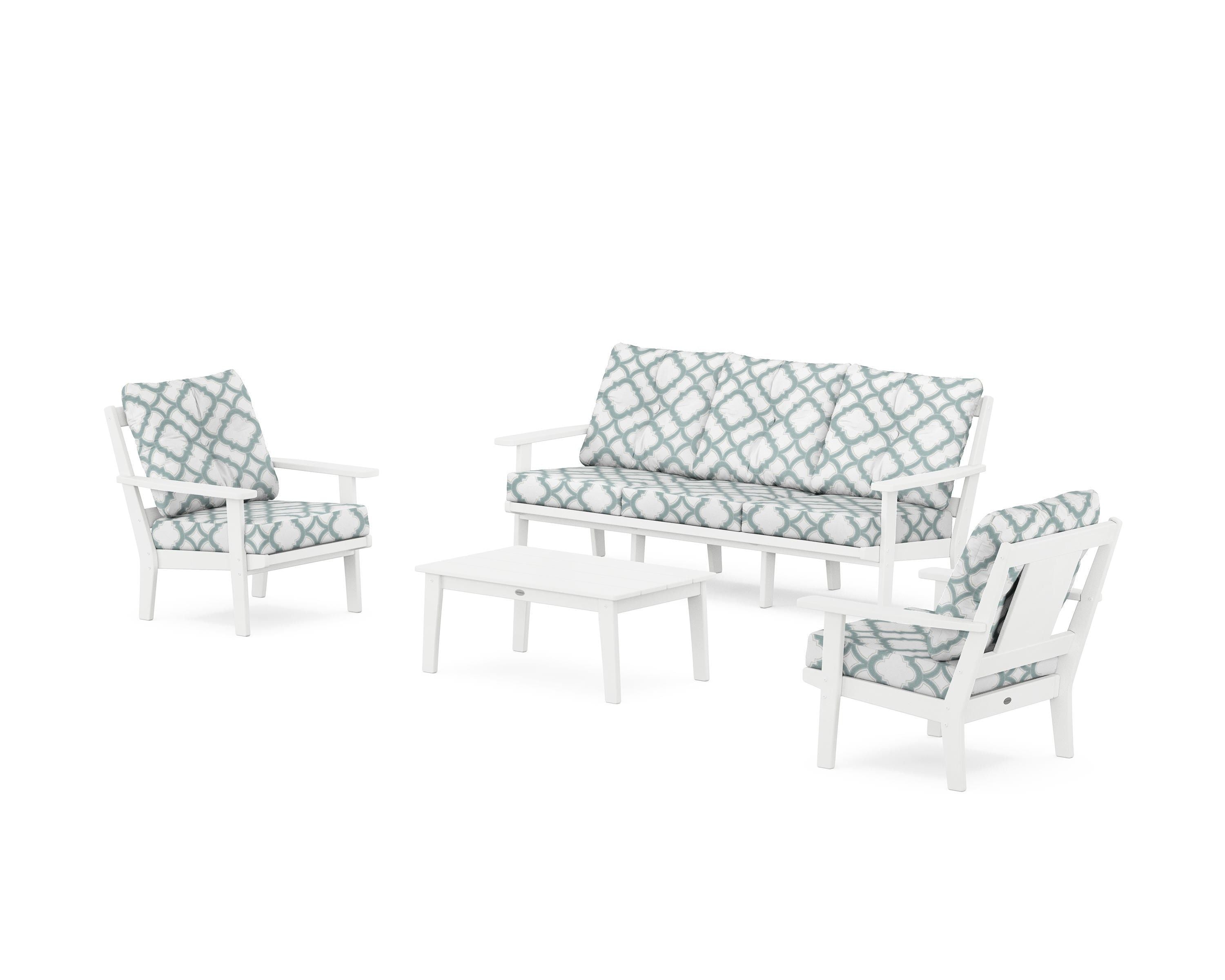 POLYWOOD® Prairie 4-Piece Deep Seating Set with Sofa in White / Trellis Glacier Spa