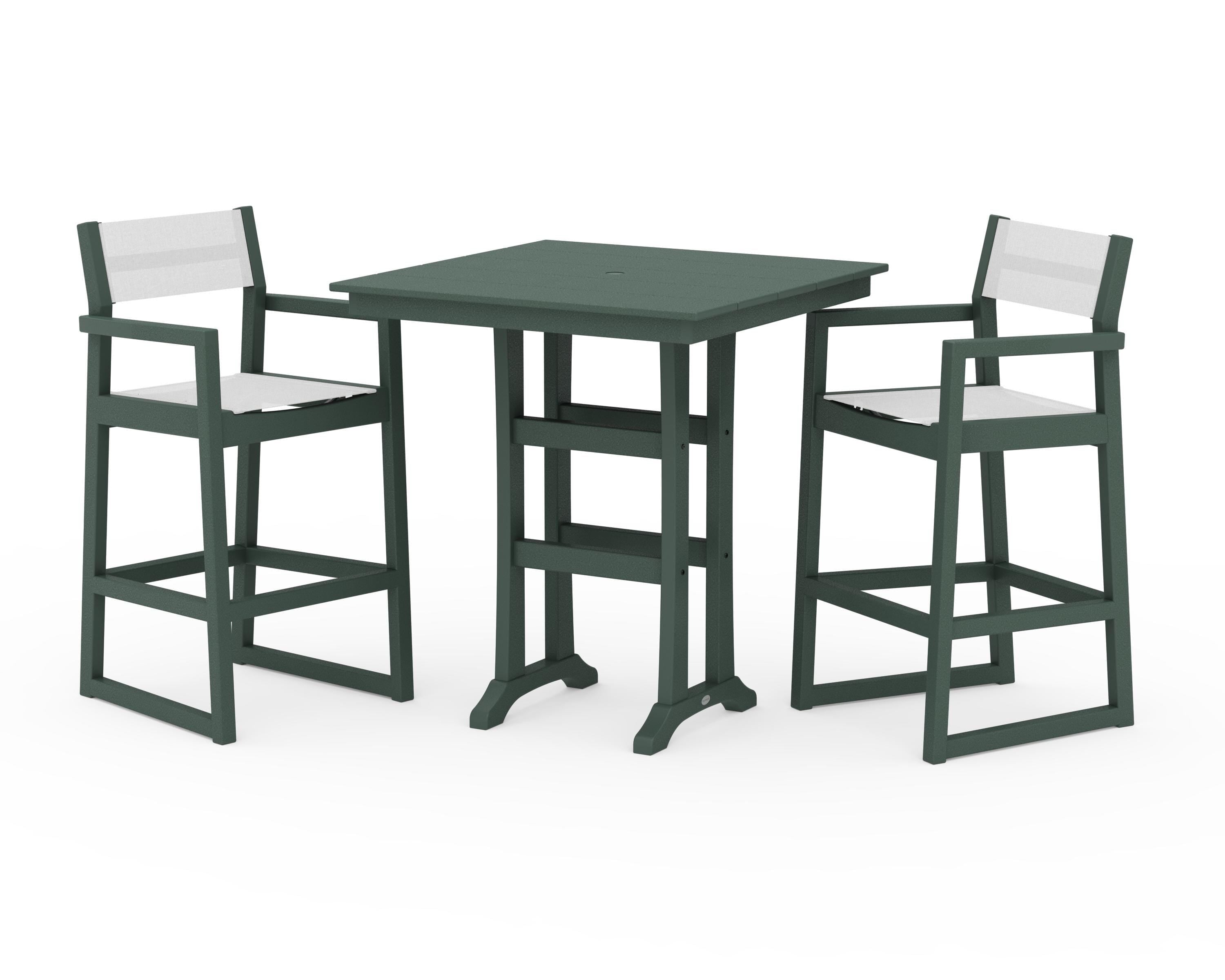 POLYWOOD® EDGE Sling Arm Chair 3-Piece Farmhouse Bar Set with Trestle Legs in Green / White Sling