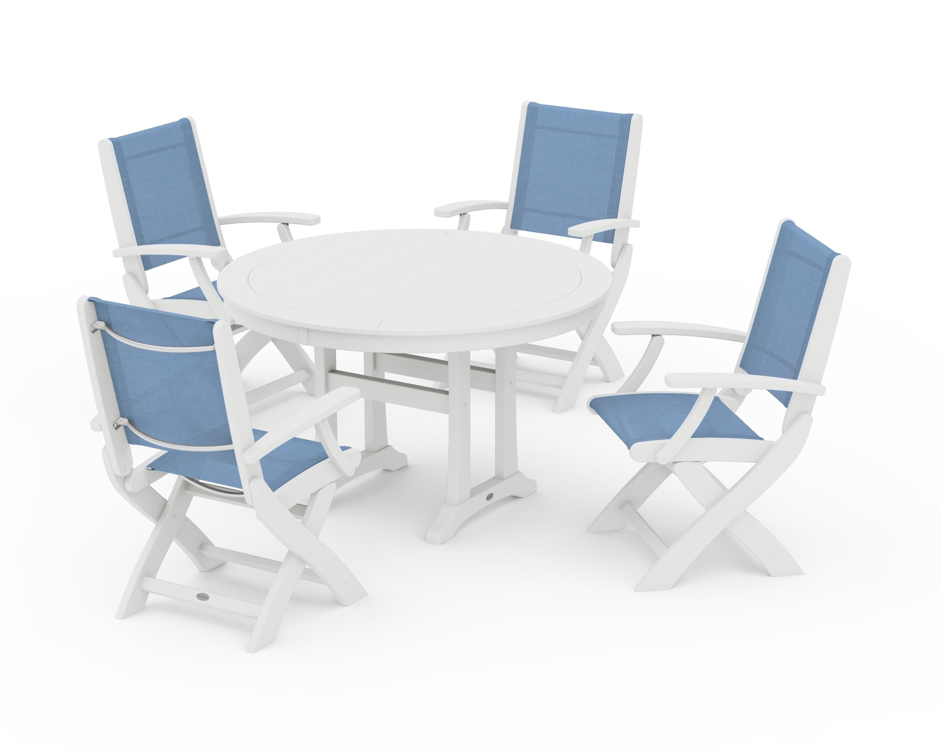 POLYWOOD® Coastal Folding Chair 5-Piece Round Dining Set with Trestle Legs in White / Poolside Sling