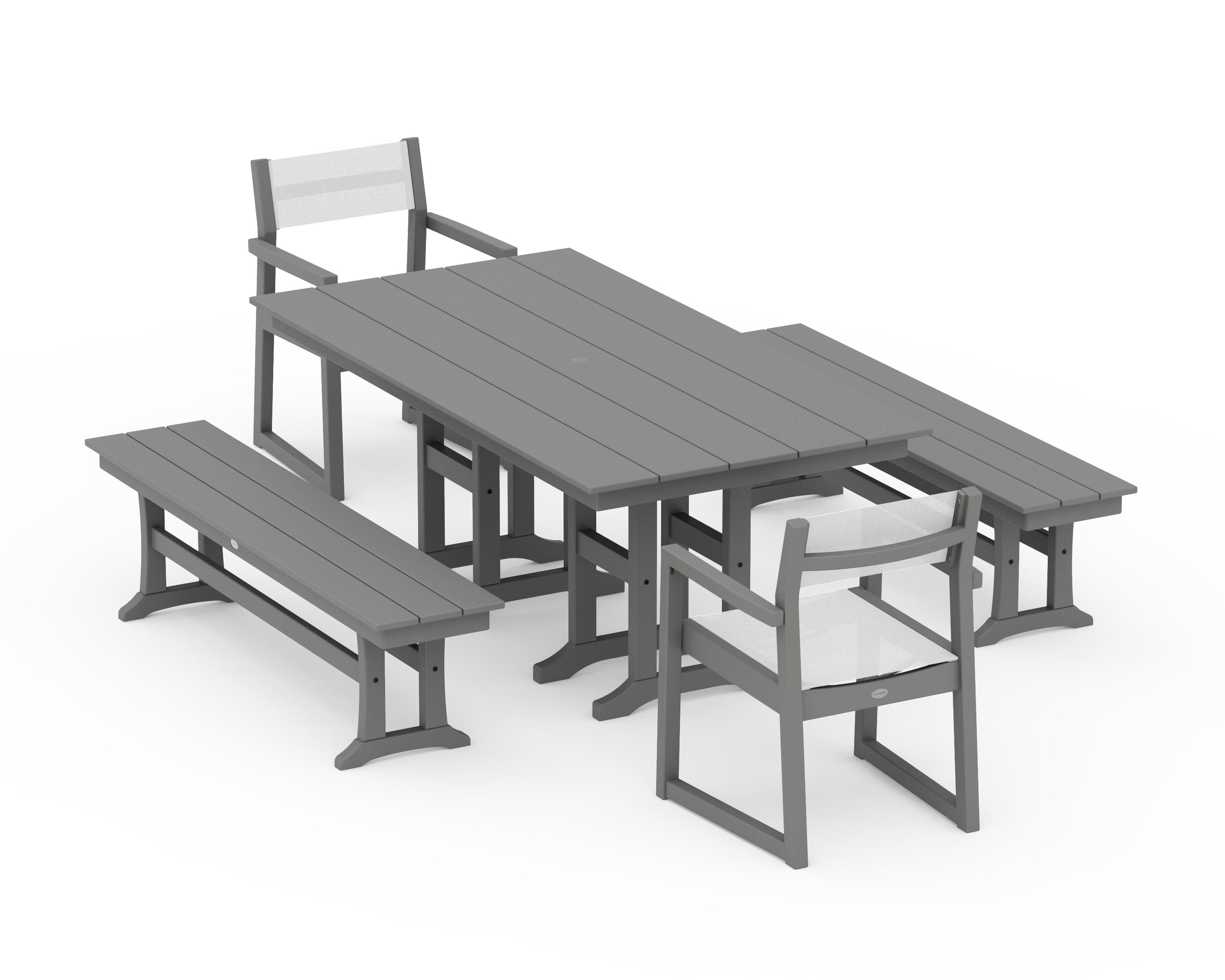 POLYWOOD® EDGE Sling Arm Chair 5-Piece Farmhouse Dining Set with Benches in Slate Grey / White Sling