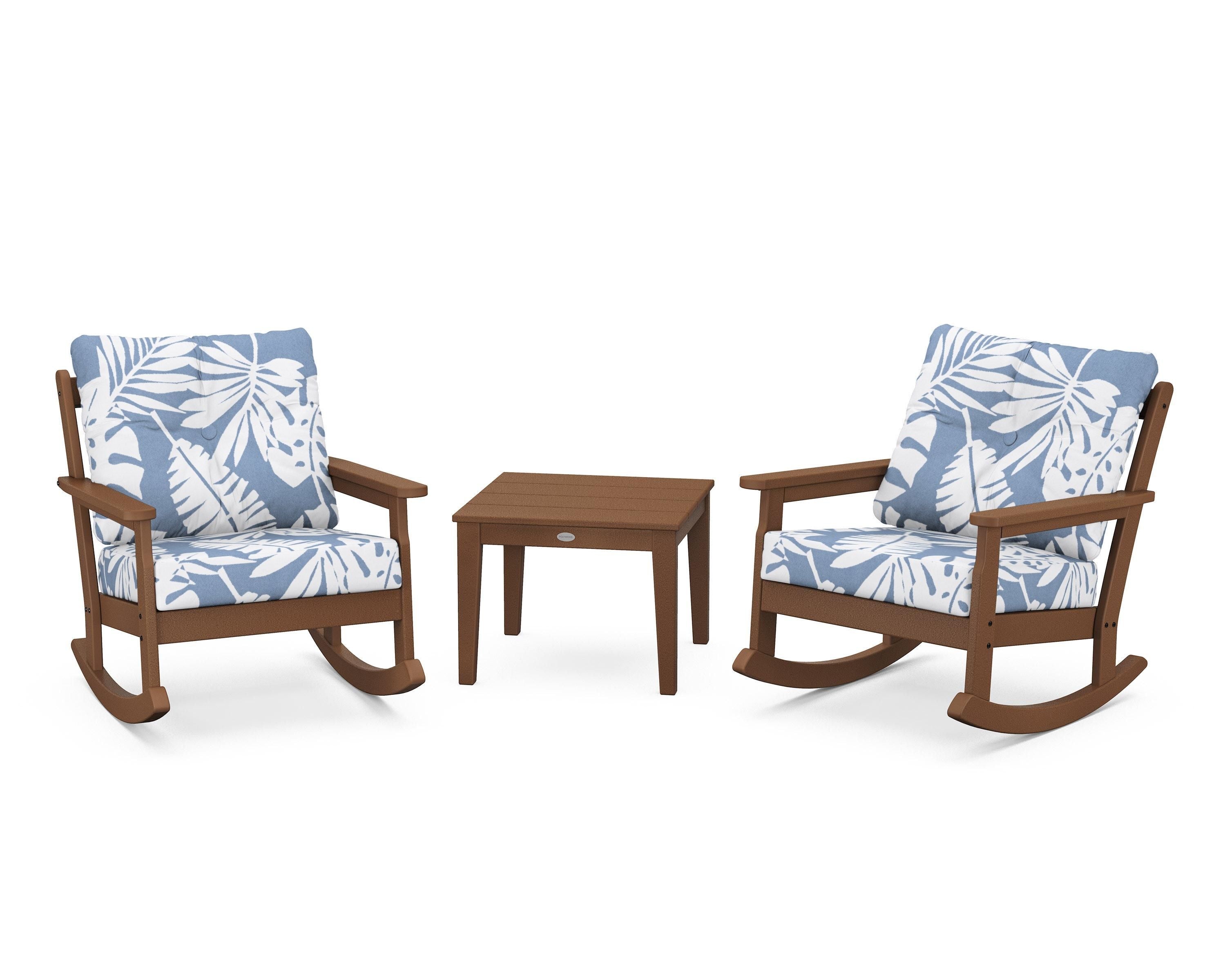 POLYWOOD® Vineyard 3-Piece Deep Seating Rocker Set in Teak / Leaf Sky Blue