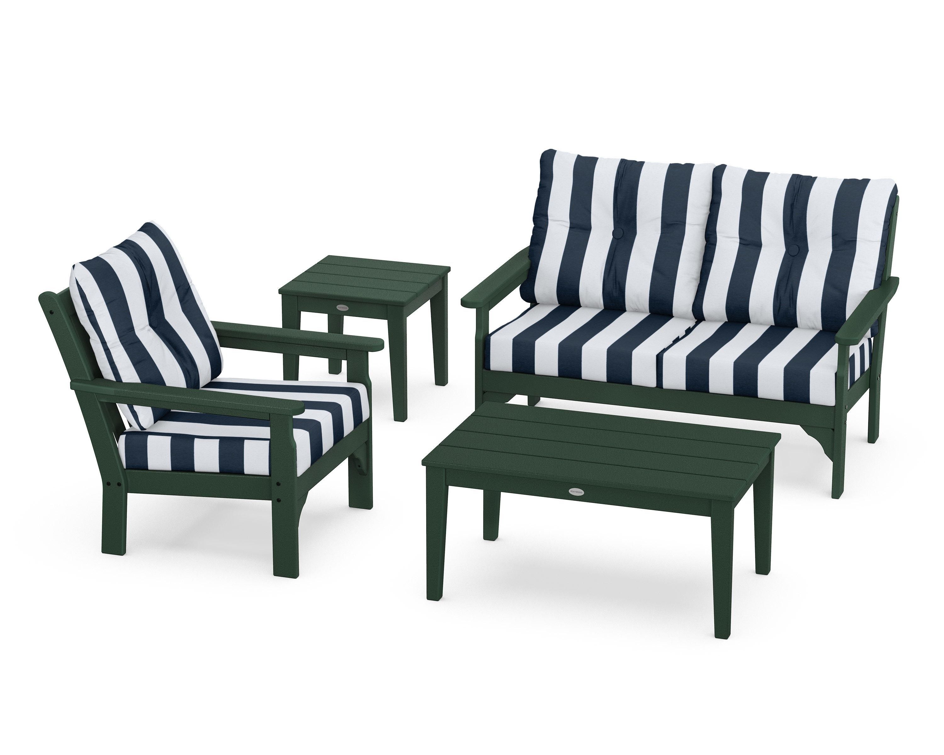 POLYWOOD® Vineyard 4-Piece Deep Seating Set in Green / Cabana Stripe Marine Indigo