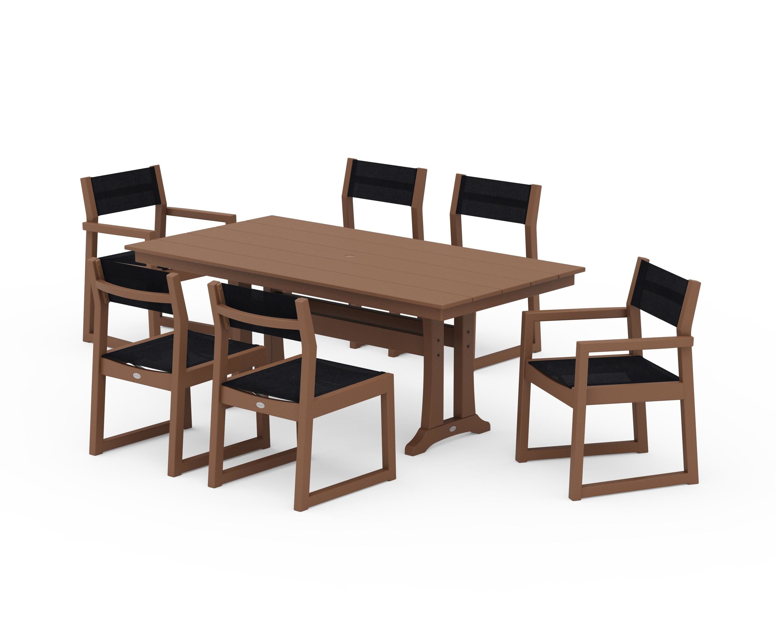 POLYWOOD® EDGE Sling 7-Piece Farmhouse Trestle Dining Set in Teak / Black Sling