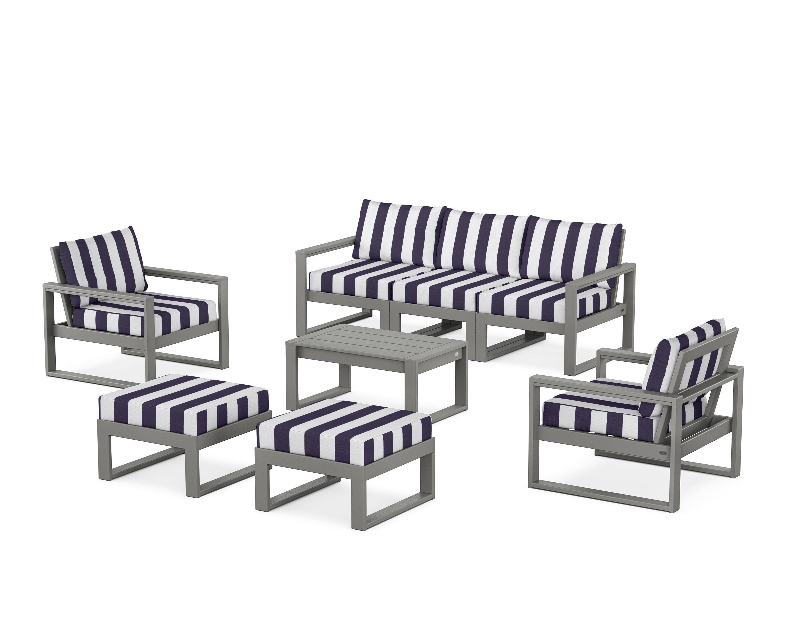 POLYWOOD® EDGE Sectional 8-Piece Lounge Sofa Set in Slate Grey / Cabana Stripe Navy
