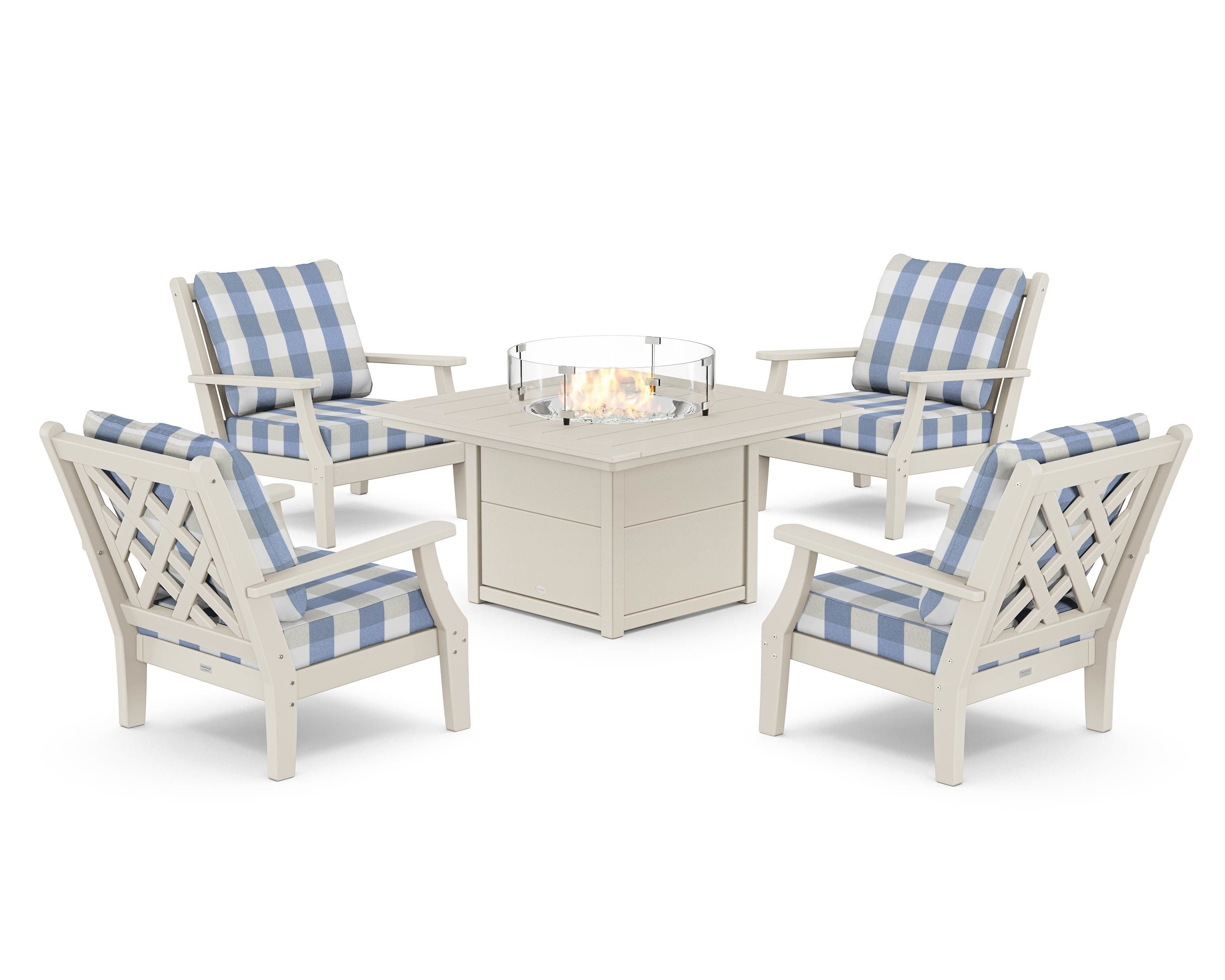 Country Living Wovendale 5-Piece Deep Seating Set with Fire Pit Table in Sand / Buffalo Plaid Sky Blue