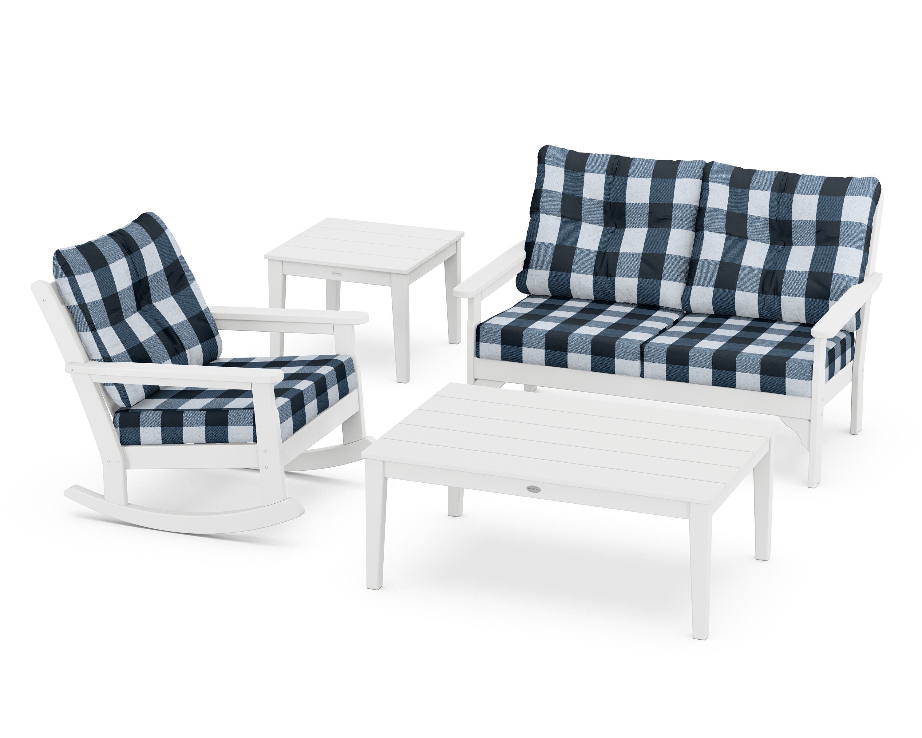 POLYWOOD® Vineyard 4-Piece Deep Seating Rocker Set in White / Buffalo Plaid Marine Indigo