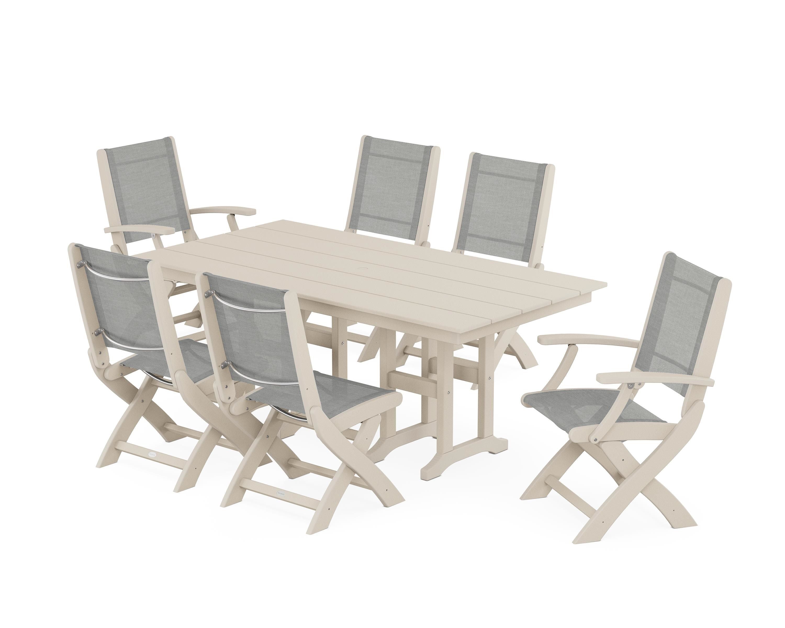 POLYWOOD® Coastal Folding Chair 7-Piece Farmhouse Dining Set in Sand / Metallic Sling