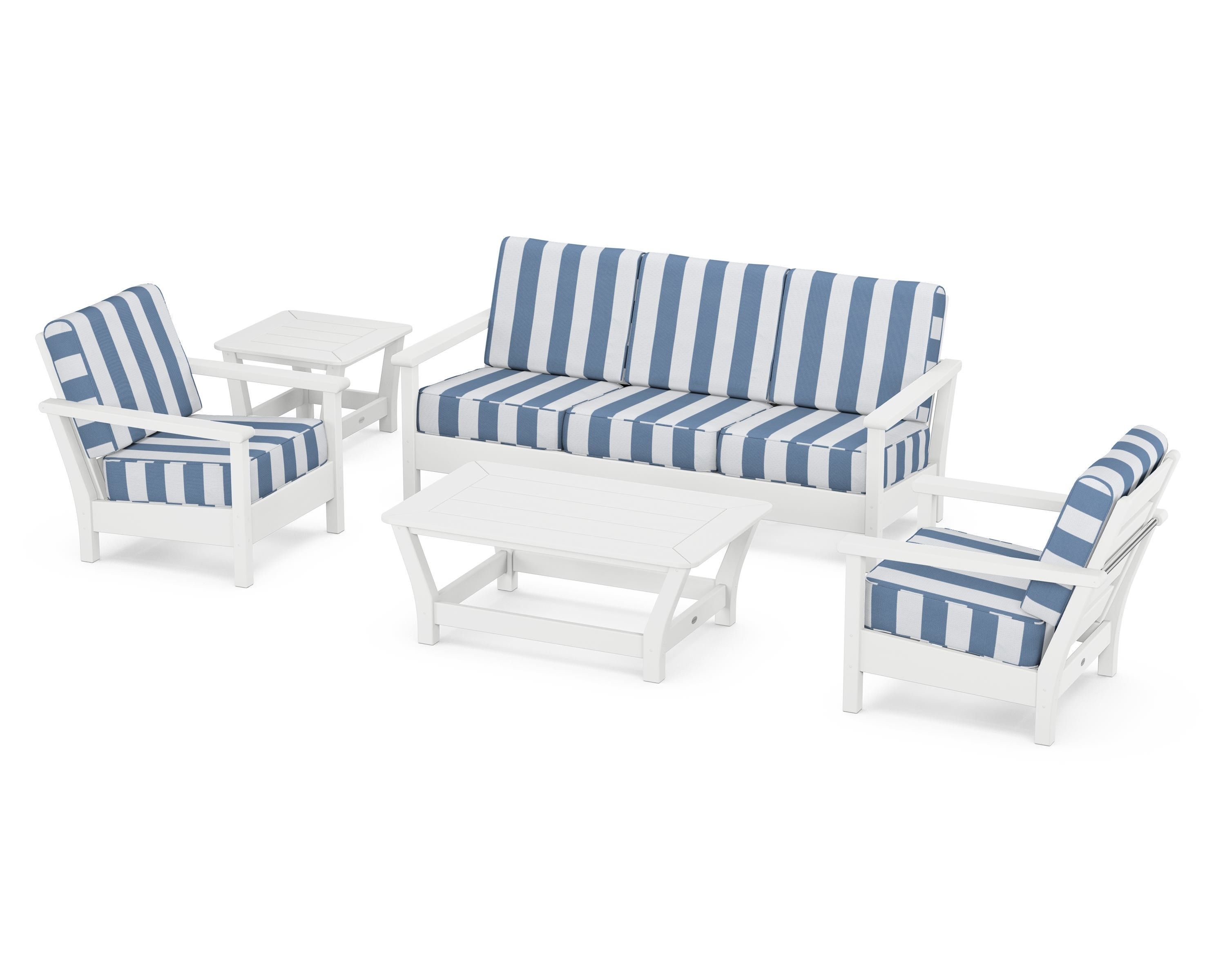 POLYWOOD® Harbour 5-Piece Deep Seating Set in White / Cabana Stripe Sky Blue