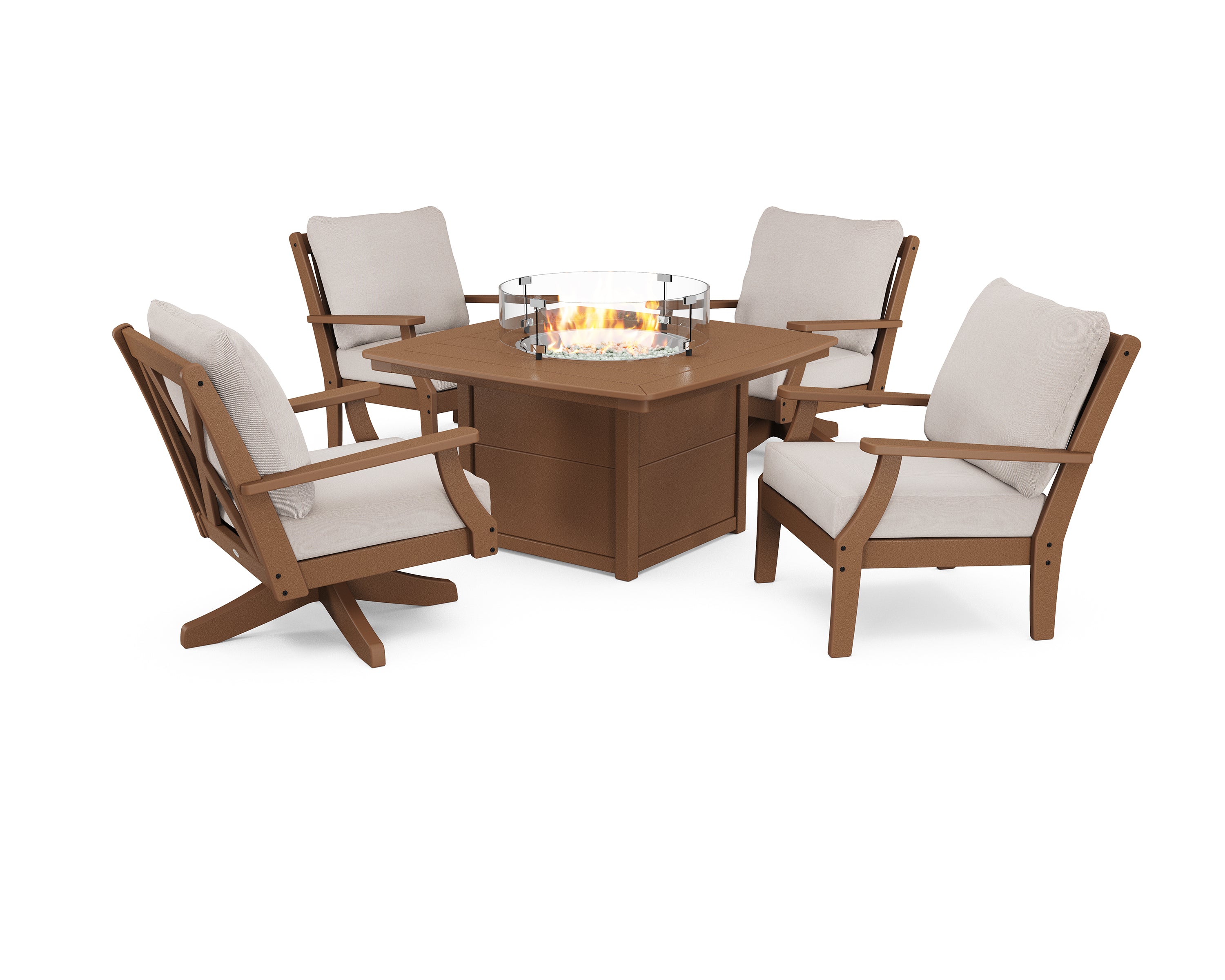 POLYWOOD® Braxton 5-Piece Deep Seating Set with Fire Table in Teak / Dune Burlap