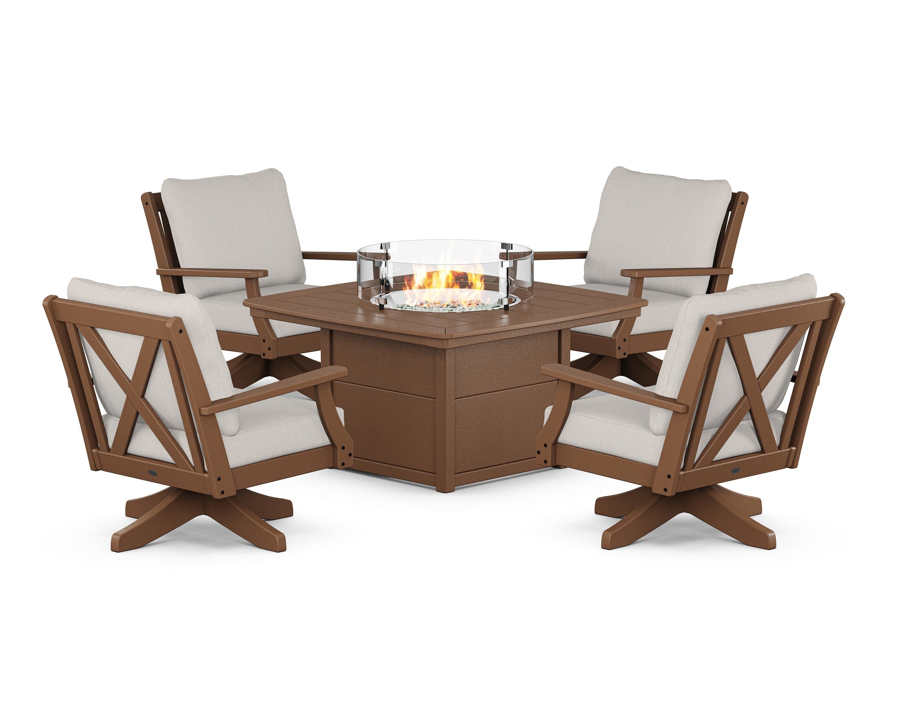 POLYWOOD® Braxton 5-Piece Deep Seating Swivel Conversation Set with Fire Pit Table in Teak / Cast Ash