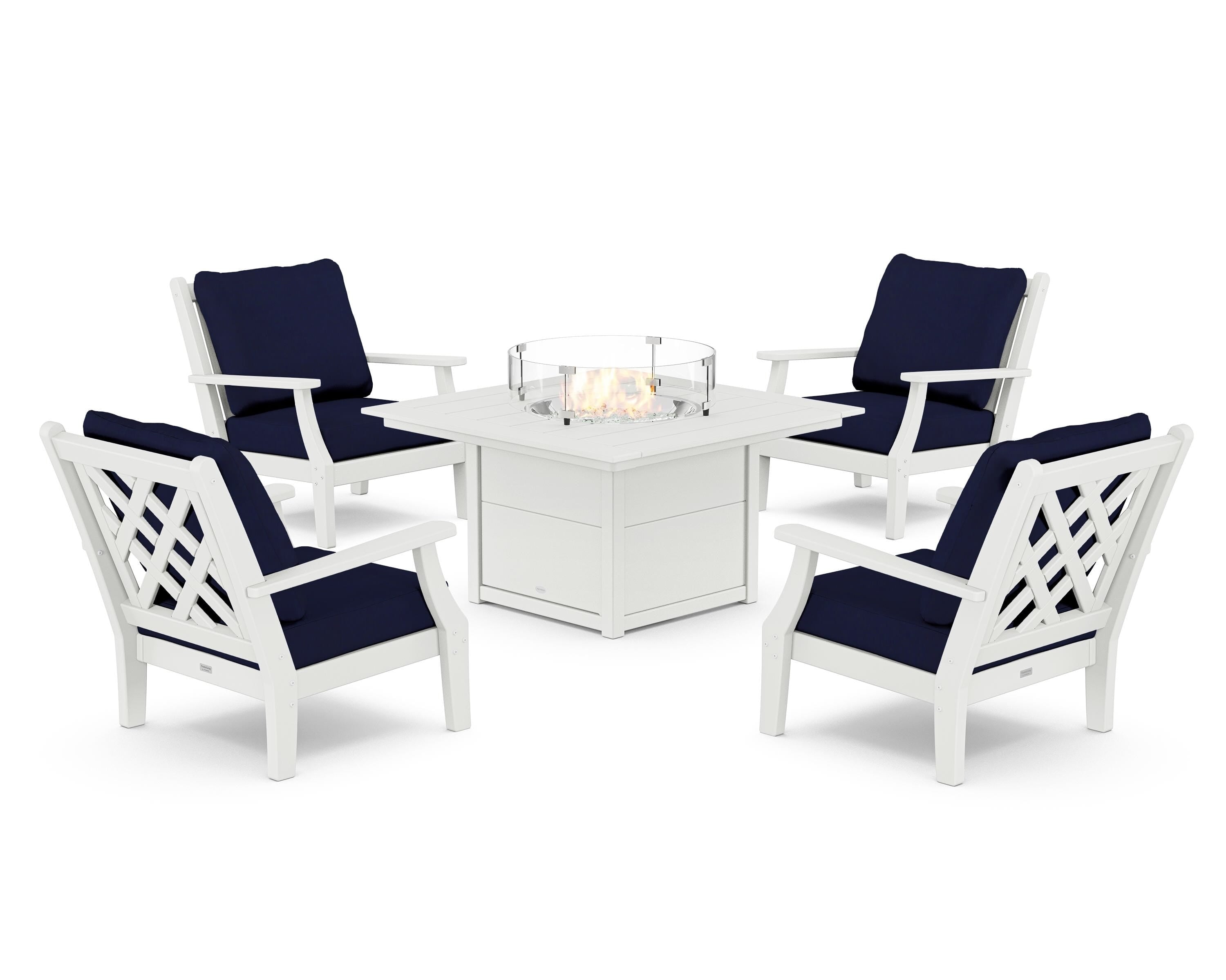Country Living Wovendale 5-Piece Deep Seating Set with Fire Pit Table in White / Navy