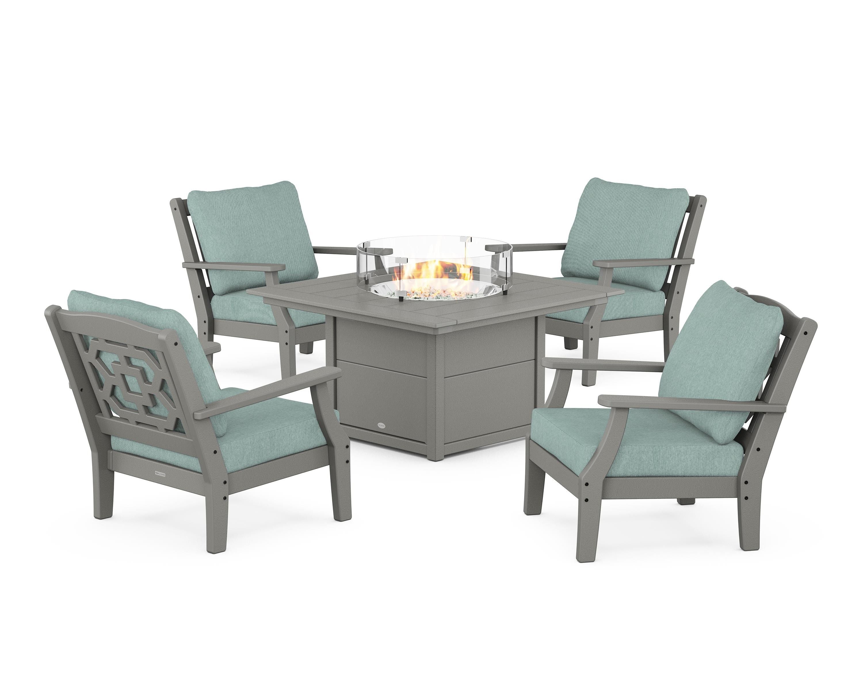 Martha Stewart by POLYWOOD® Chinoiserie 5-Piece Deep Seating Set with Fire Pit Table in Slate Grey / Glacier Spa