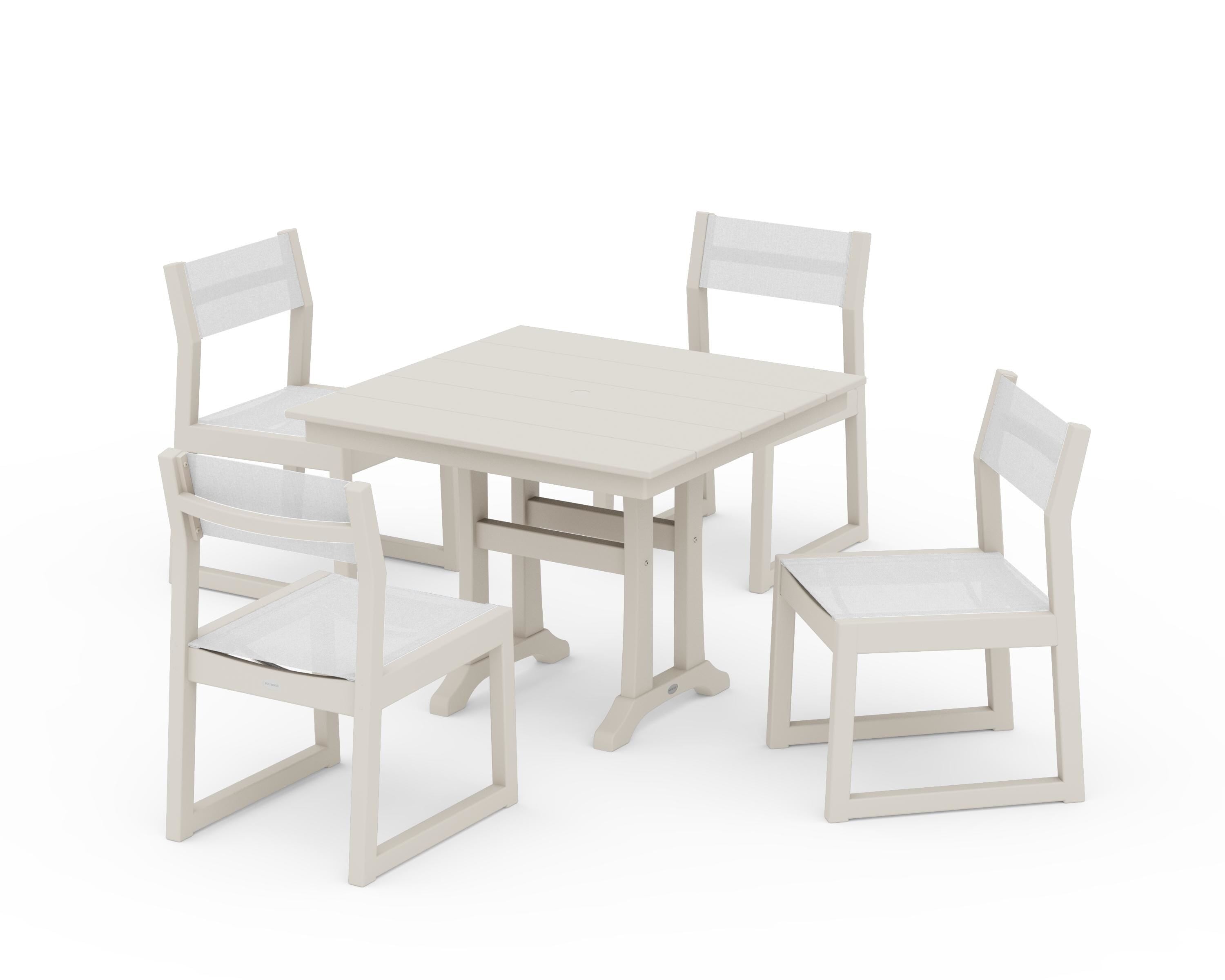 POLYWOOD® EDGE Sling 5-Piece Farmhouse Trestle Side Chair Dining Set in Sand / White Sling