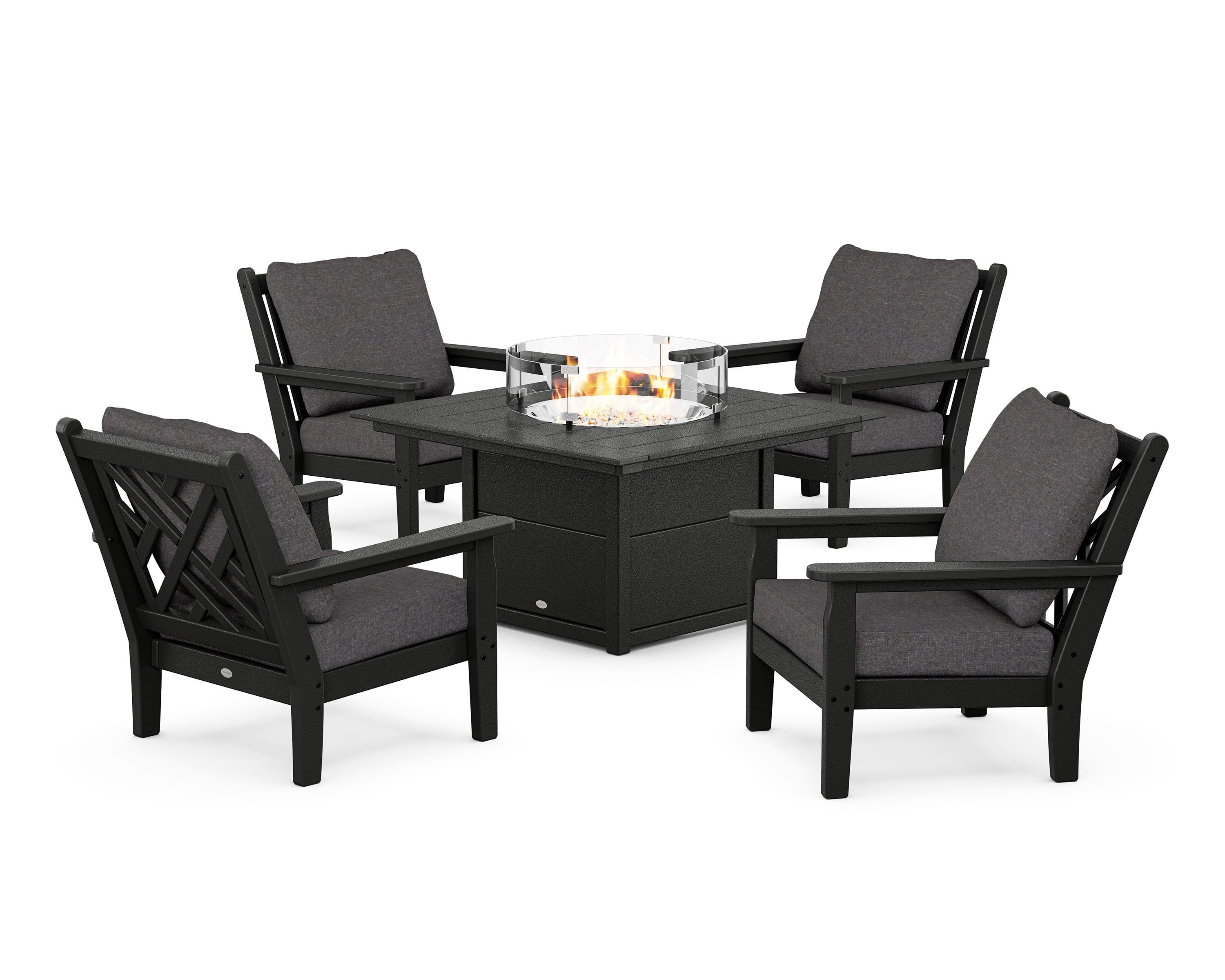 POLYWOOD® Chippendale 5-Piece Deep Seating Set with Fire Pit Table in Black / Ash Charcoal