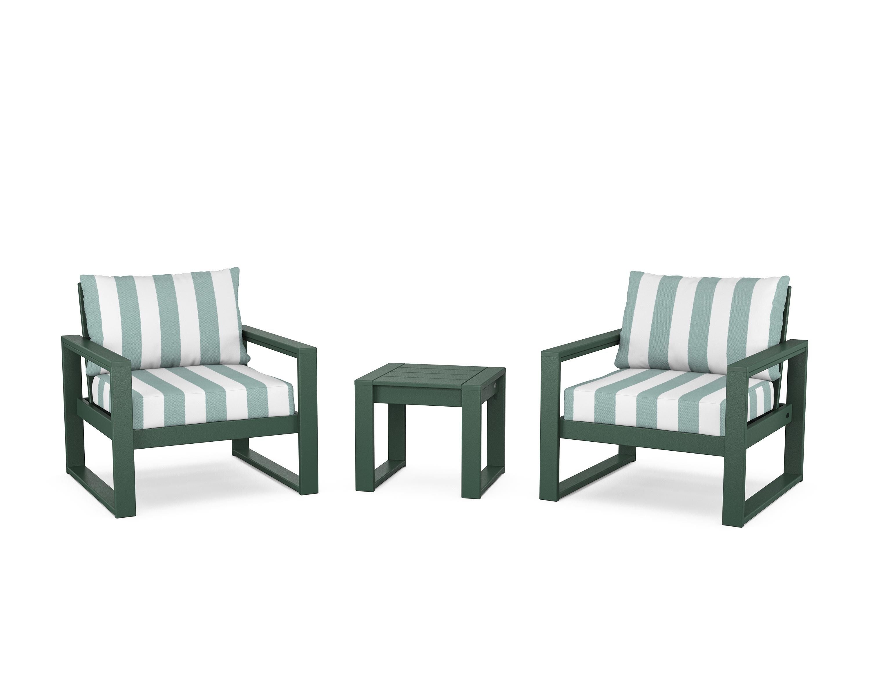 POLYWOOD® EDGE Sectional 3-Piece Deep Seating Set in Green / Cabana Stripe Glacier Spa