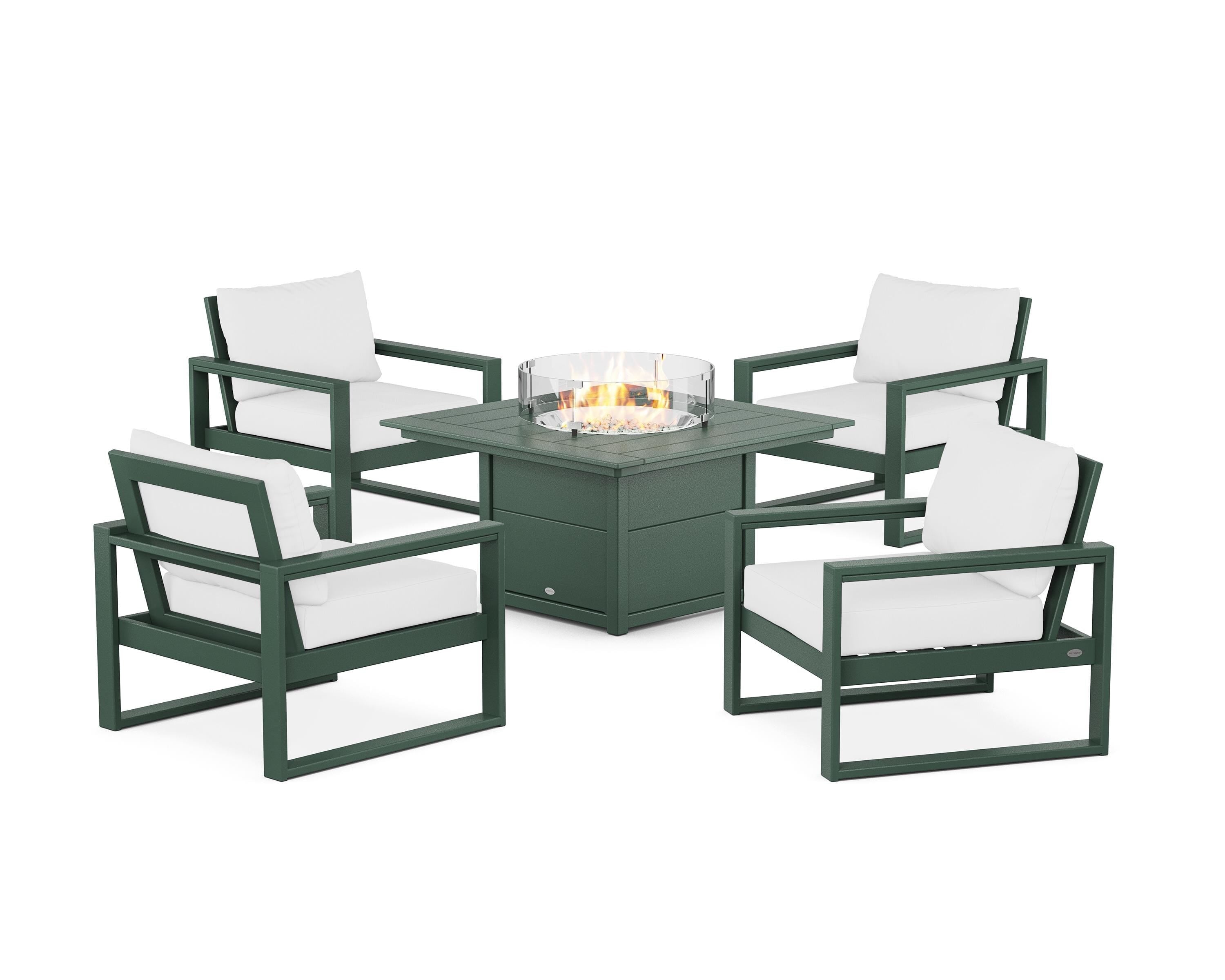 POLYWOOD® EDGE Sectional 5-Piece Deep Seating Set with Fire Pit Table in Green / Natural