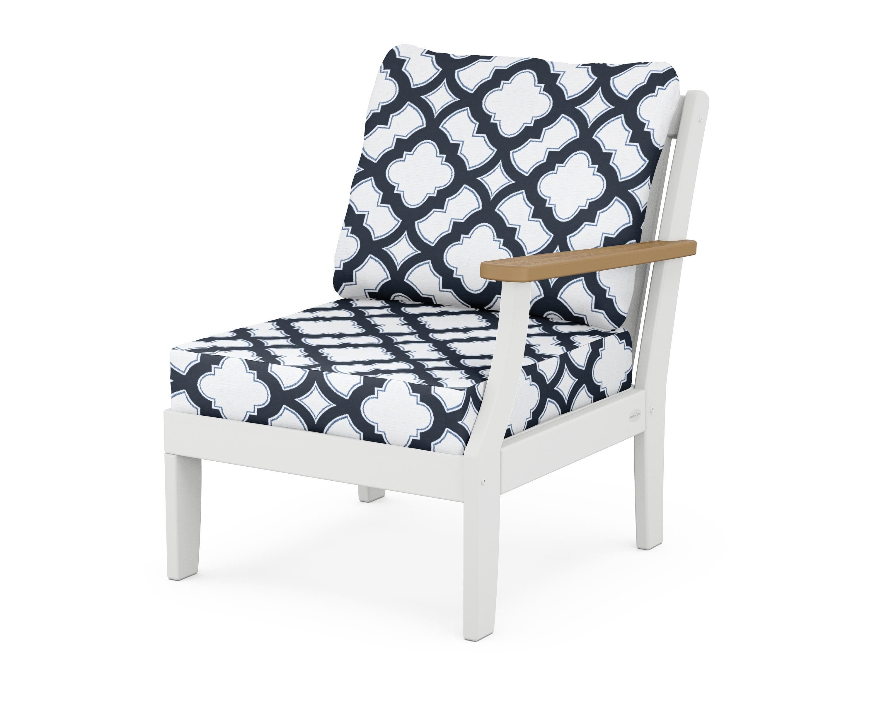 POLYWOOD® Braxton Modular Right Arm Chair in White / Natural / Trellis Marine Indigo