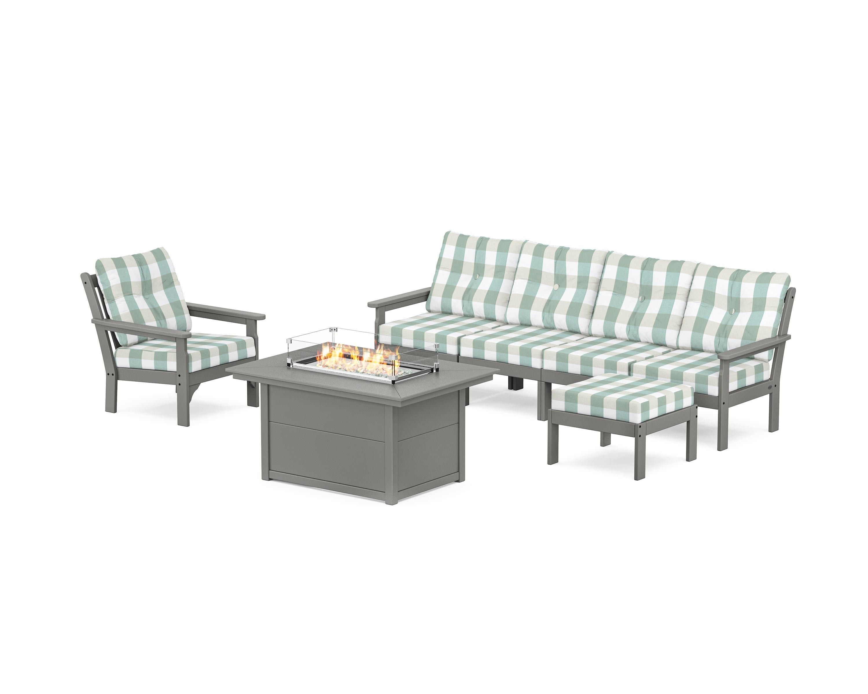POLYWOOD® Vineyard Sectional Lounge and Fire Pit Set in Slate Grey / Buffalo Plaid Glacier Spa