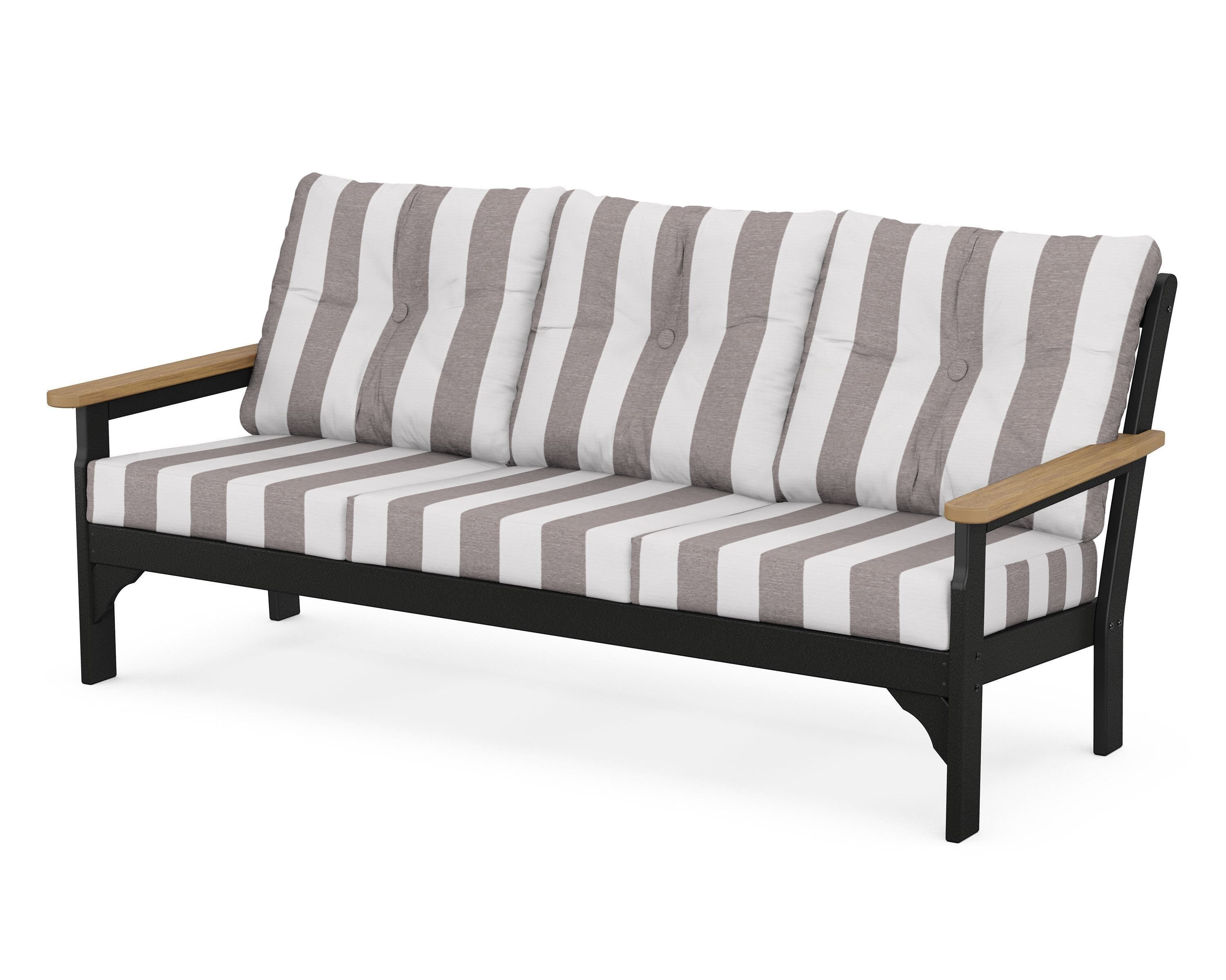 POLYWOOD® Vineyard Deep Seating Sofa in Black / Natural / Cabana Stripe Grey Mist
