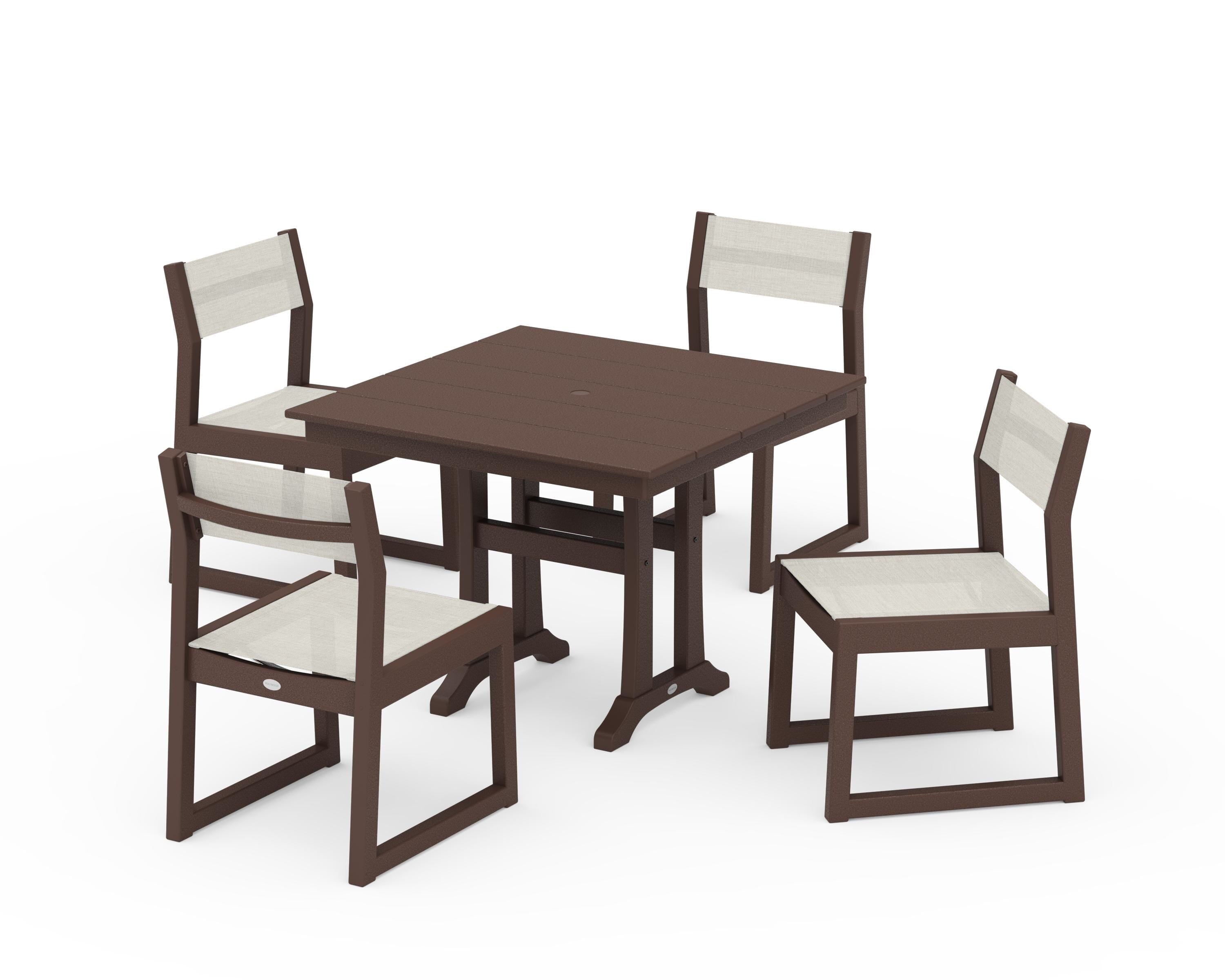 POLYWOOD® EDGE Sling 5-Piece Farmhouse Trestle Side Chair Dining Set in Mahogany / Parchment Sling