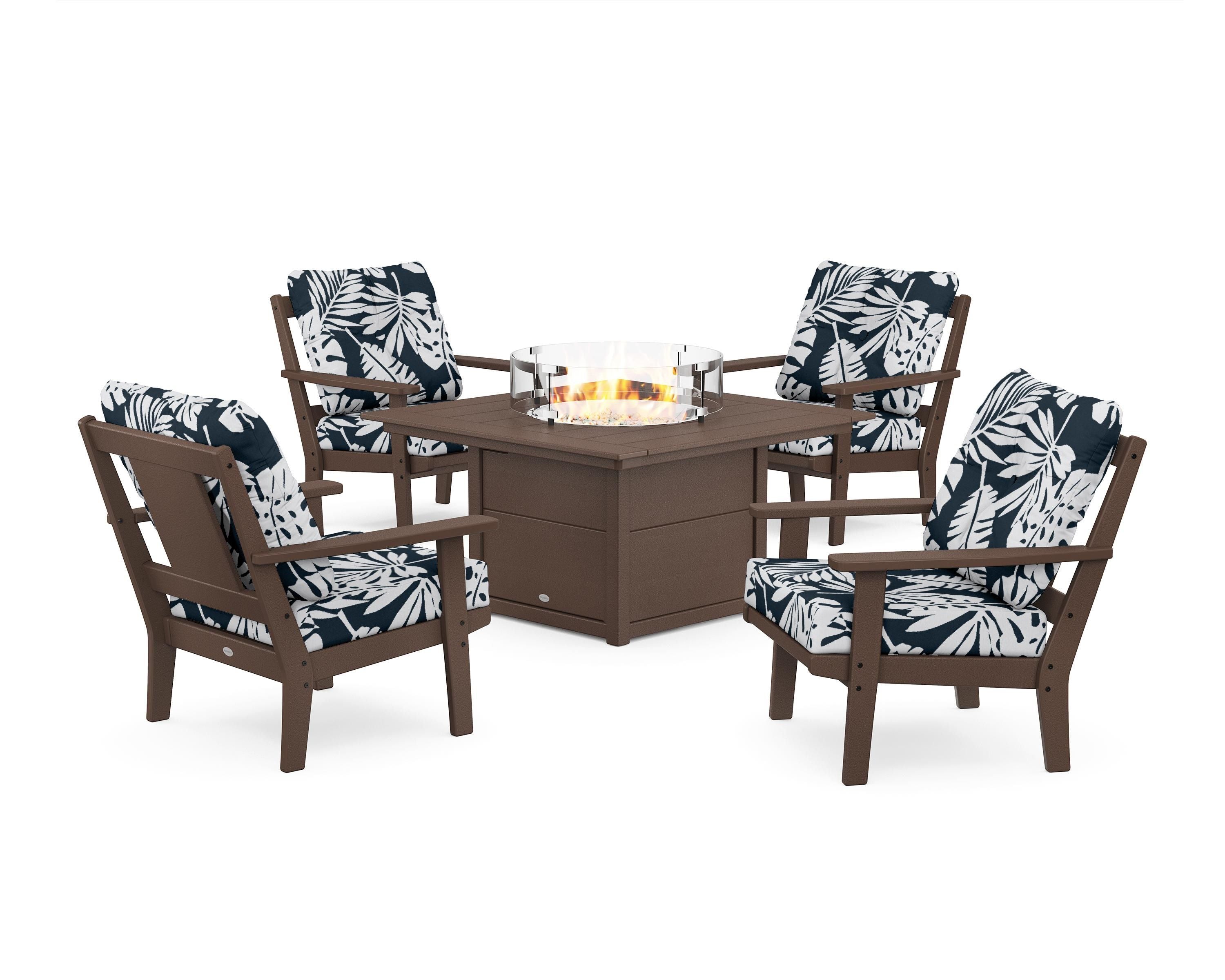 POLYWOOD® Prairie 5-Piece Deep Seating Set with Fire Pit Table in Mahogany / Leaf Marine Indigo