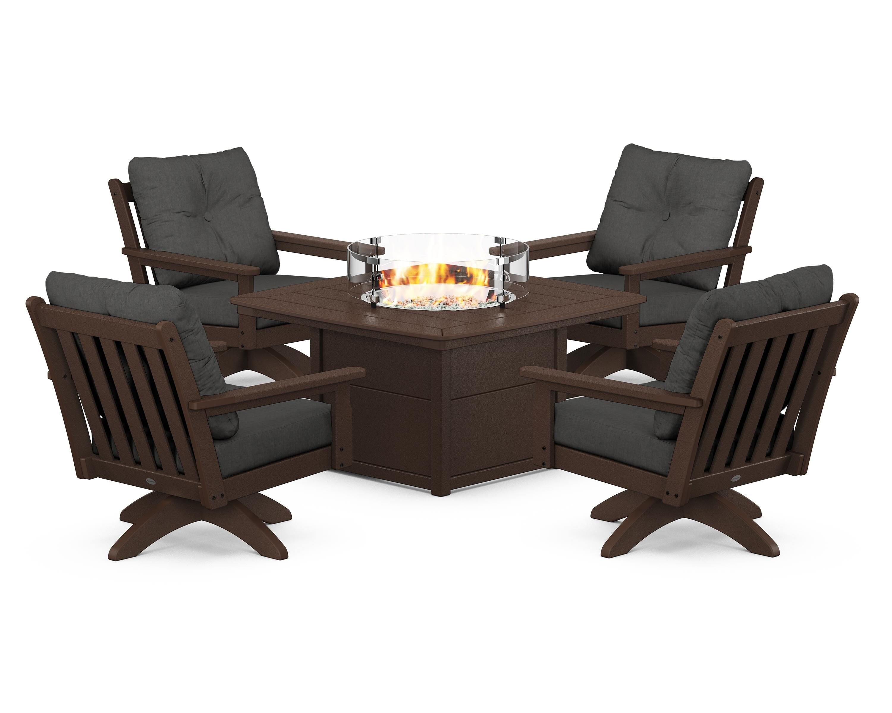 POLYWOOD® Vineyard 5-Piece Deep Seating Swivel Conversation Set with Fire Pit Table in Mahogany / Spectrum Carbon