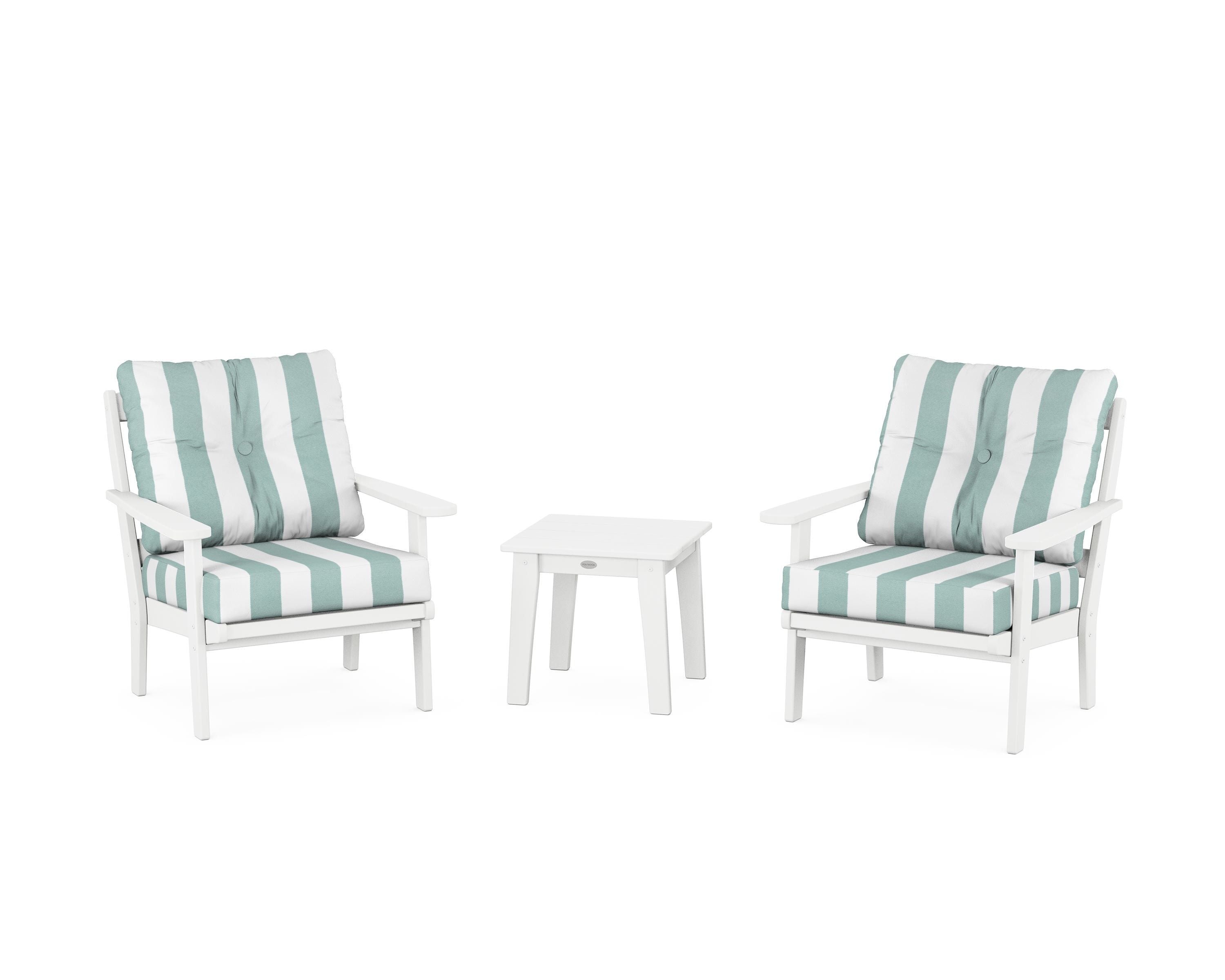 POLYWOOD® Mission 3-Piece Deep Seating Set in White / Cabana Stripe Glacier Spa